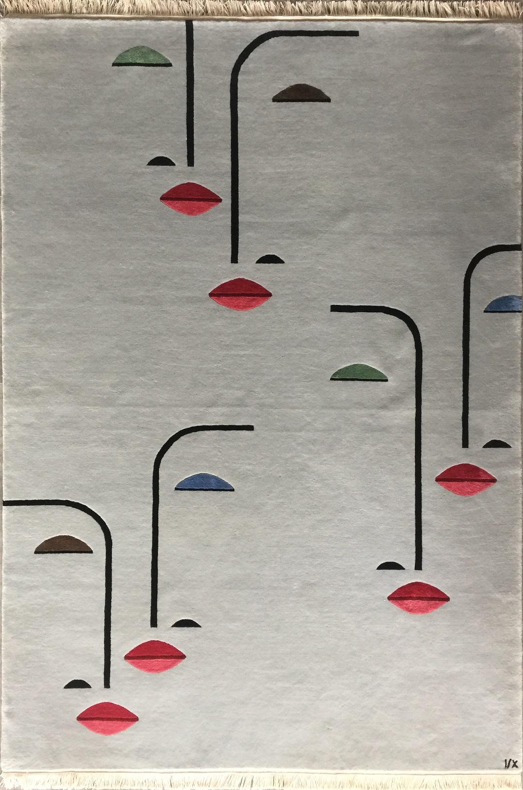 Modern Rug  Neutral Color Wool Silk Carpet Faces Lips Red Blue Black Eye handknotted For Sale