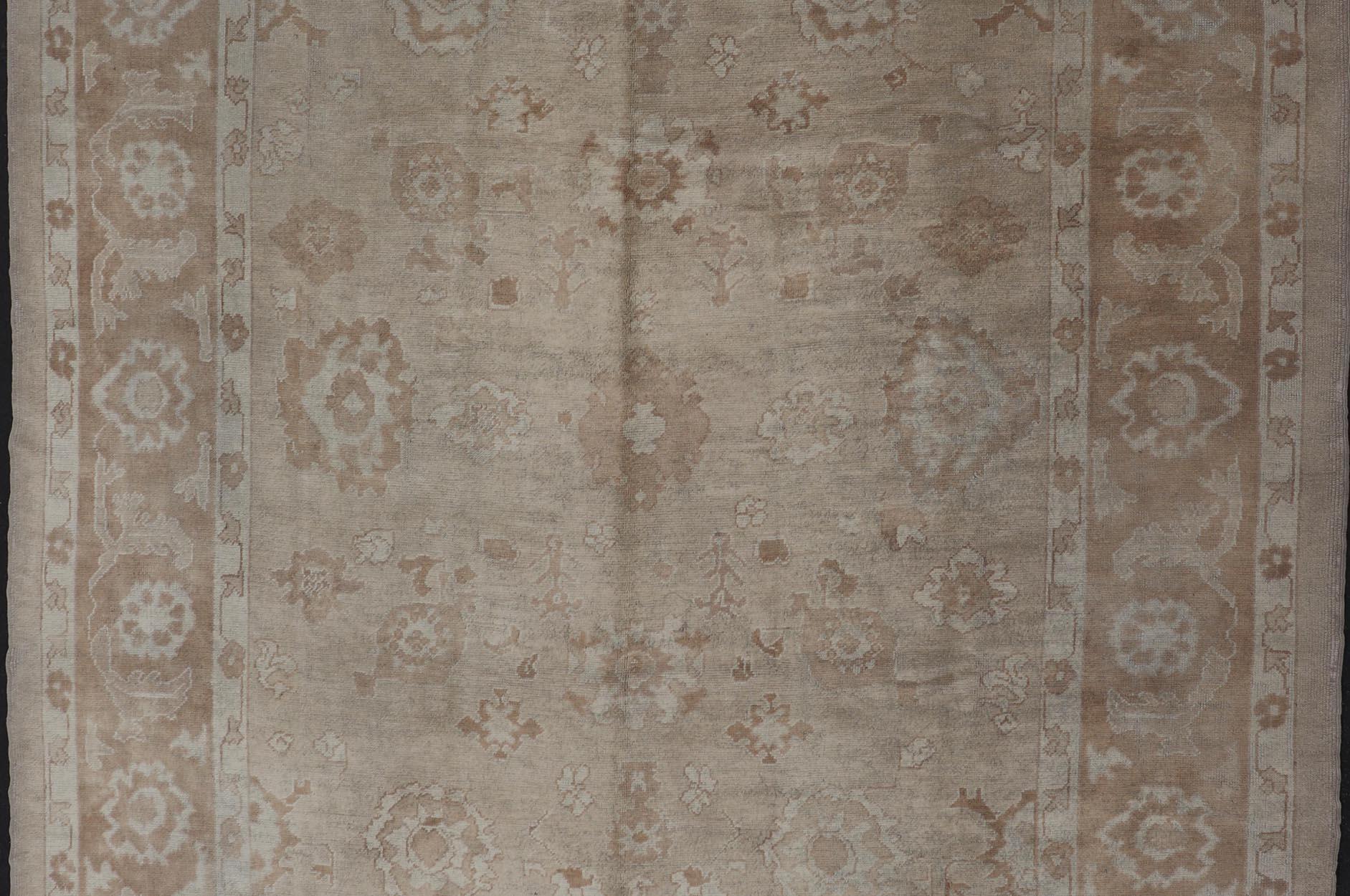 Hand-Knotted Neutral Colors Vintage Angora Oushak Turkish Rug in Light Brown and Cream