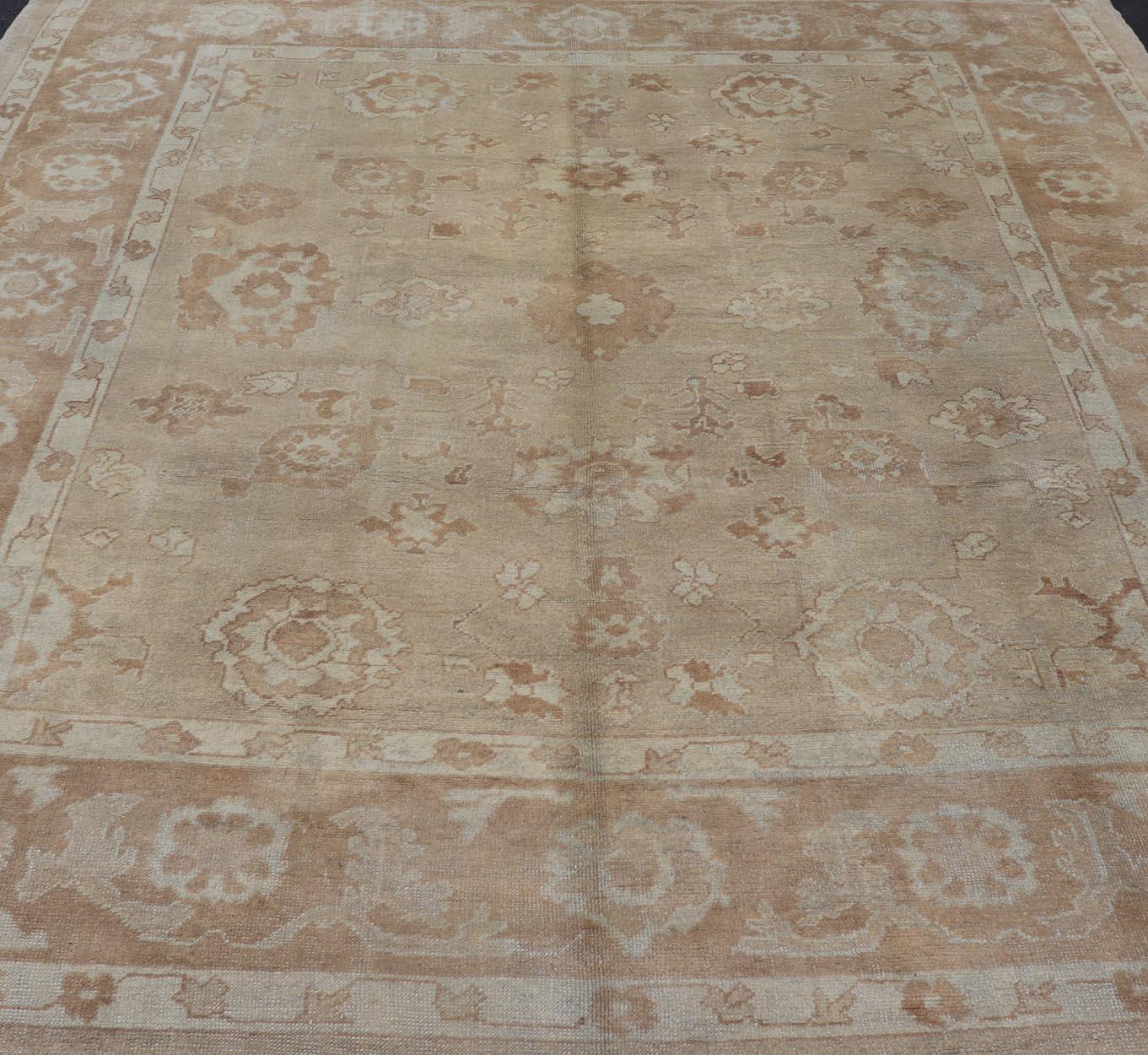 Neutral Colors Vintage Angora Oushak Turkish Rug in Light Brown and Cream 2