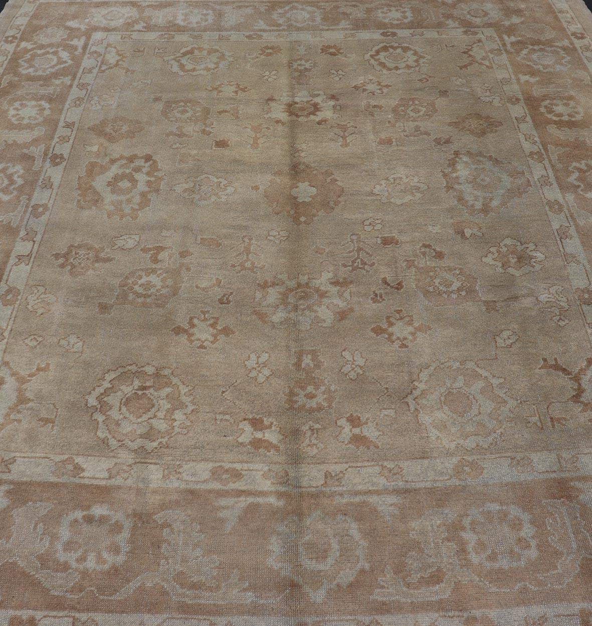 Neutral Colors Vintage Angora Oushak Turkish Rug in Light Brown and Cream 3