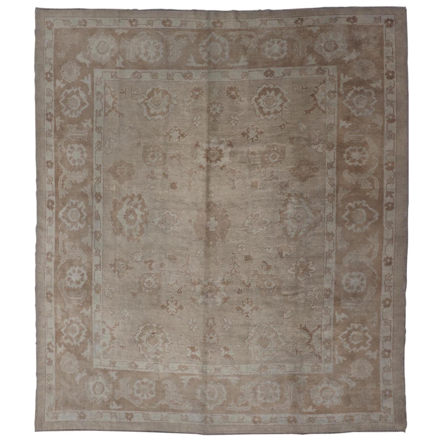 Neutral Colors Vintage Angora Oushak Turkish Rug in Light Brown and Cream