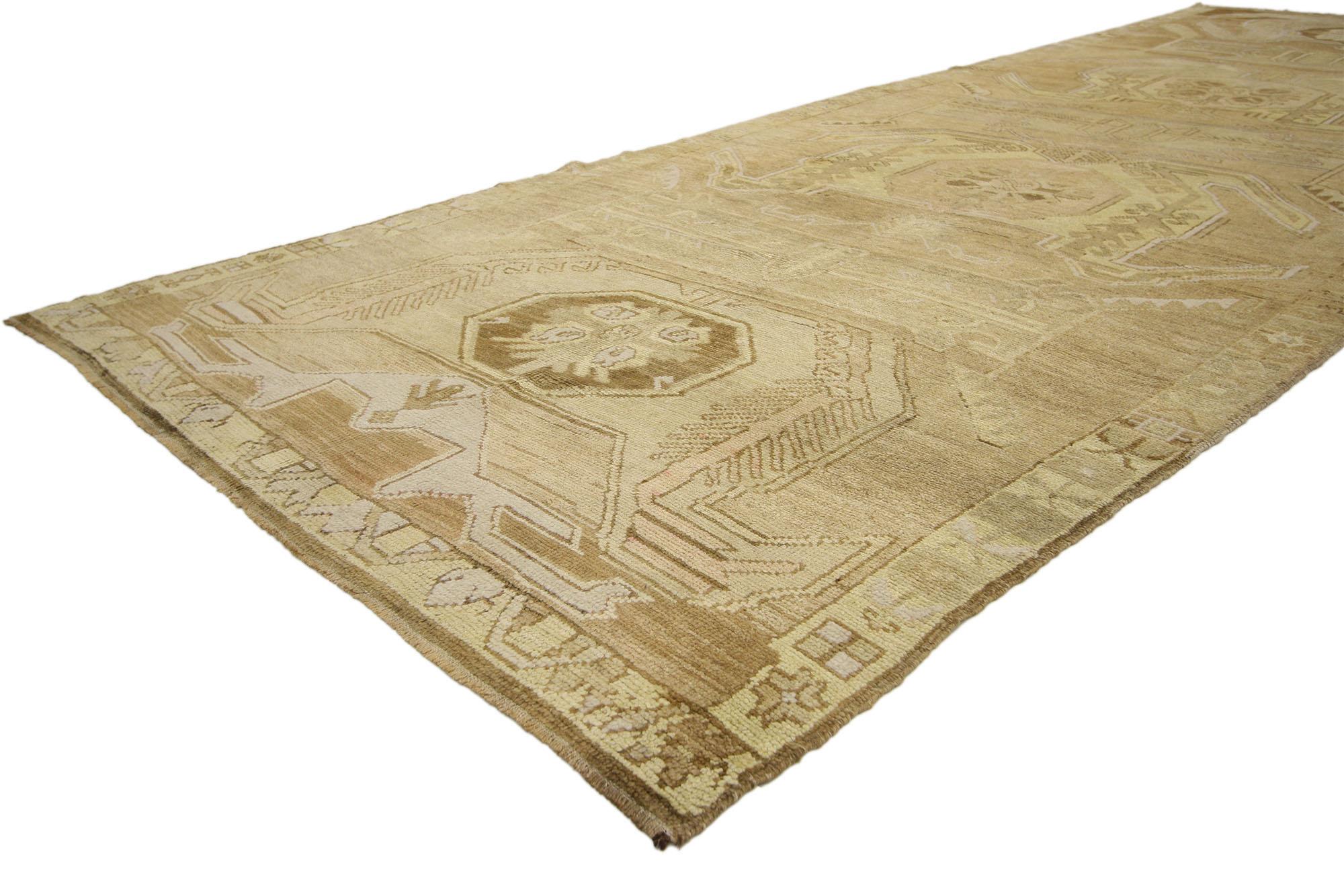 50582 Vintage Turkish Oushak Rug, 05'02 x 14'08. Immersed in classic Anatolian tradition and crafted with meticulous artisanal skill, antique-washed Turkish Oushak rugs originate from the revered Oushak region, where they undergo a meticulous