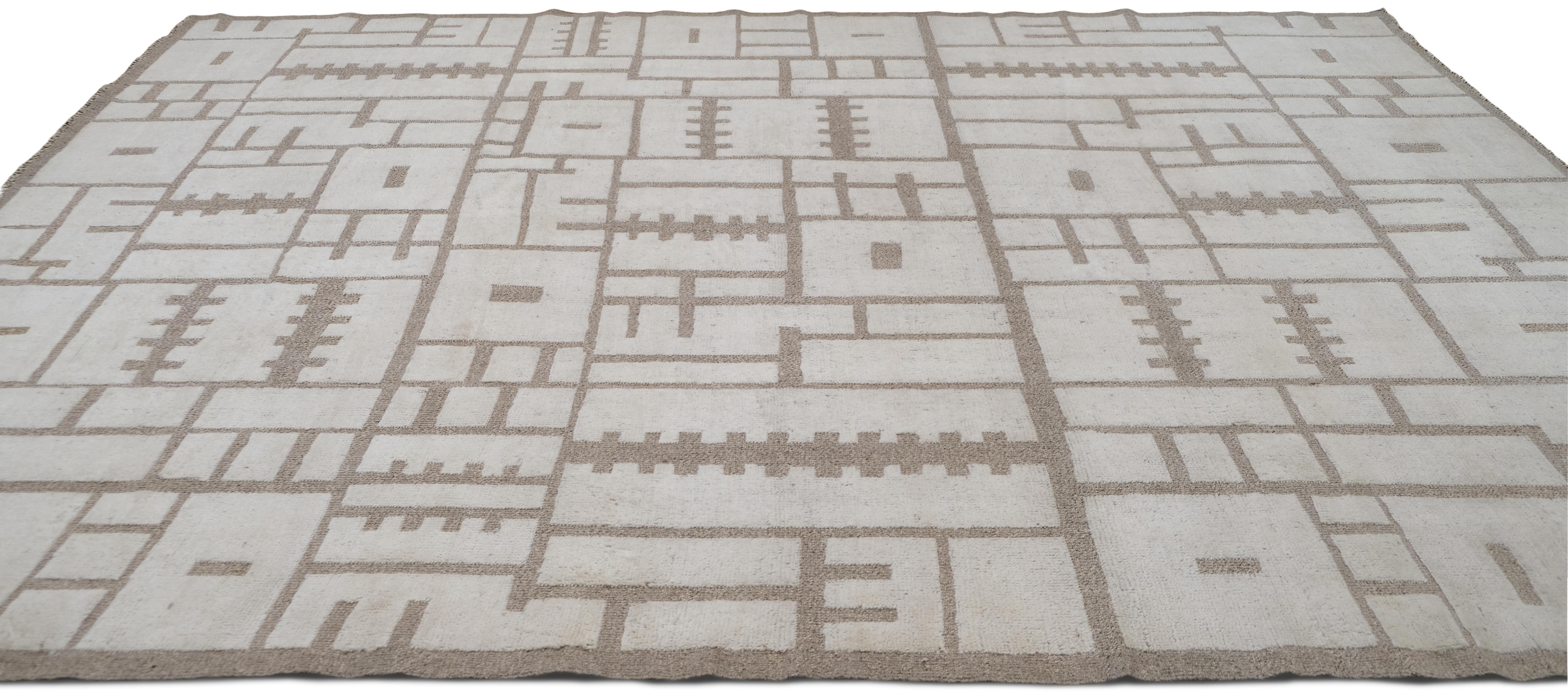 Pakistano Tappeto Geometrico Neutro in Lana 9'10''x14' in vendita