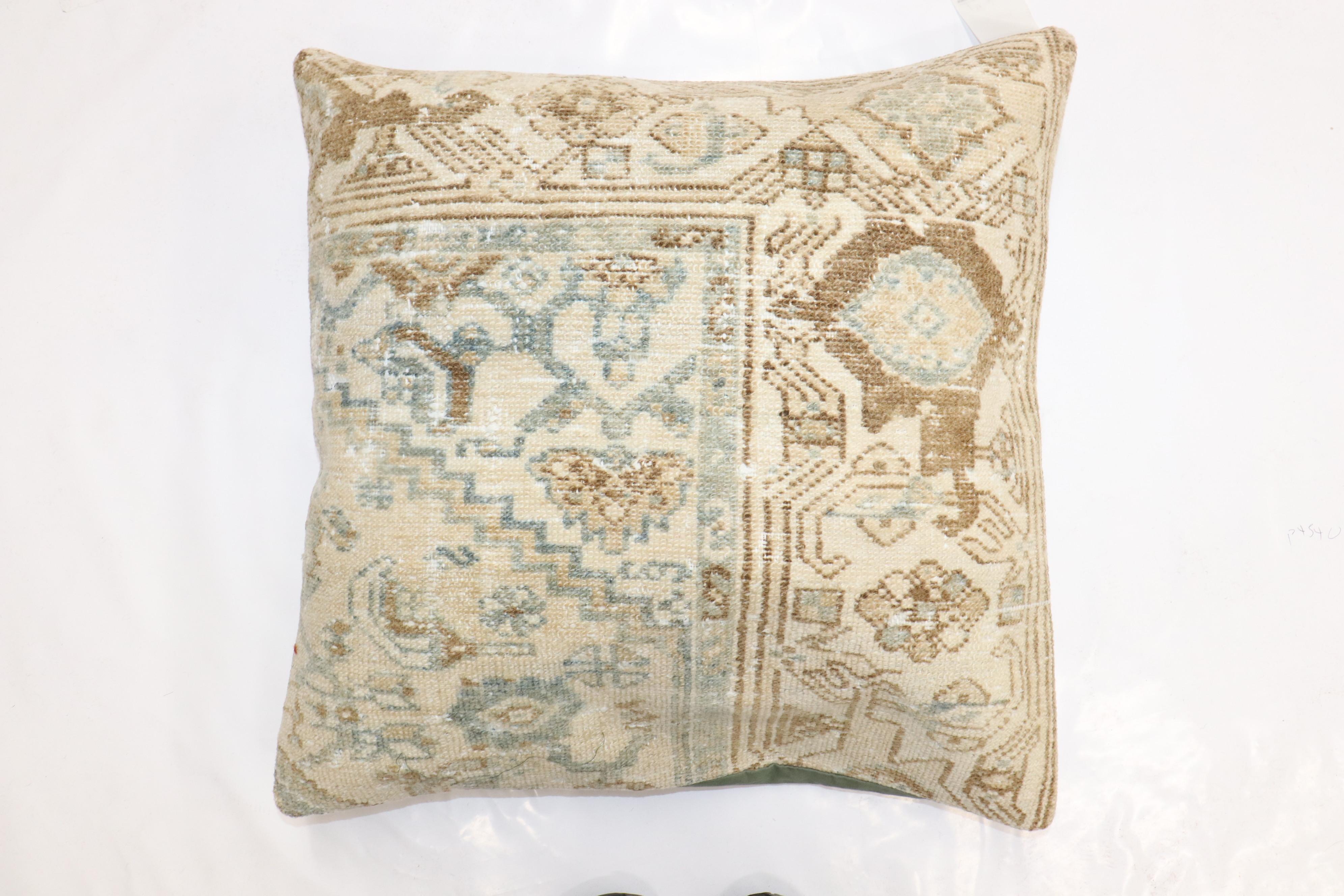 Pillow made from an antique Persian Malayer rug in browns and green.

Measures: 23'' x 23''.