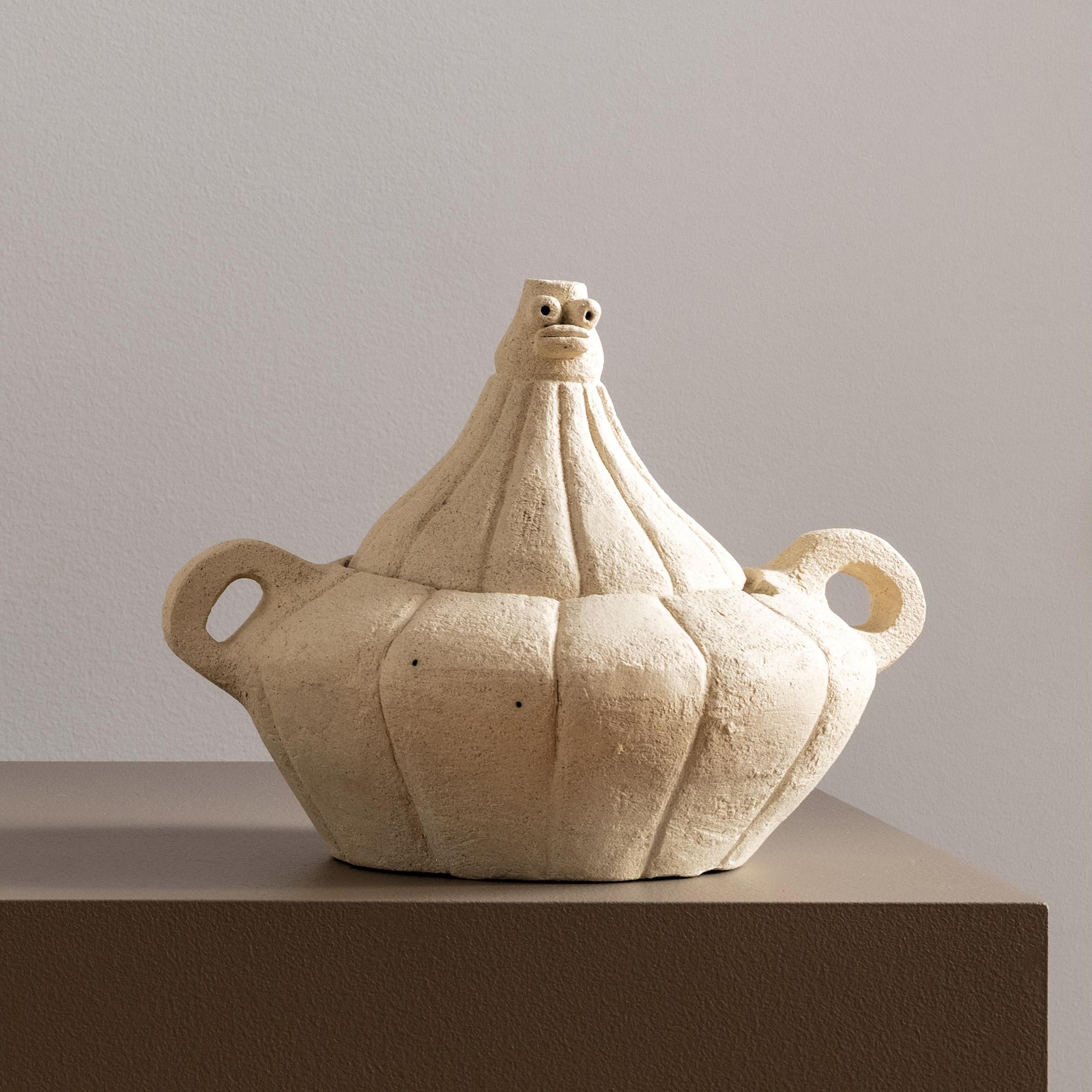 Unique, Organic Modern Figural Ceramic Dual-Handled Tureen/servingware by Meritxell Duran, handmade in Spain. 

This charming creature is crafted of refractory clay, also known as fire clay, which is valued for its ability to resist high