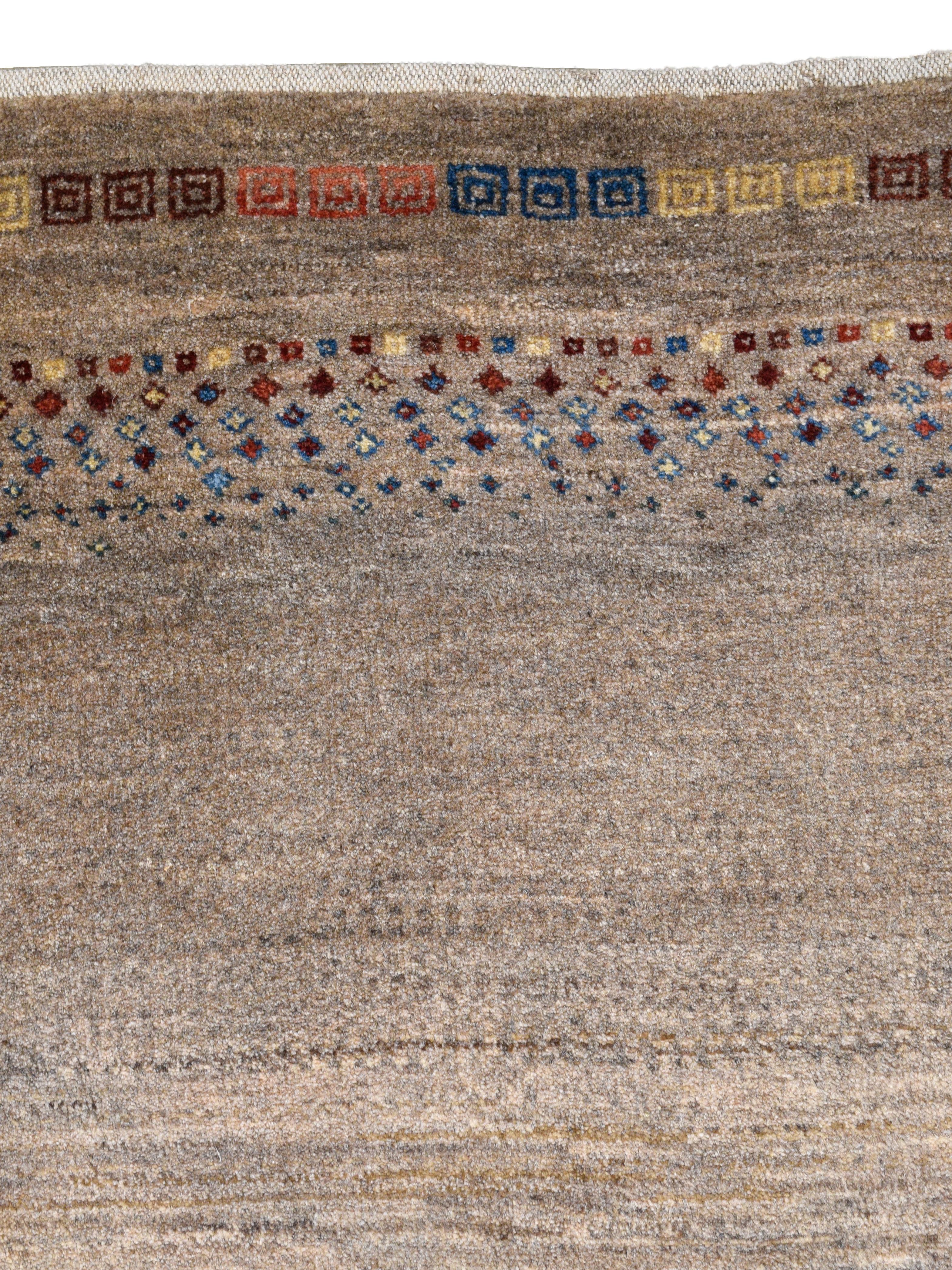 Tribal Neutral Persian Gabbeh Rug in Brown, Taupe, Gold, Red, Blue, Orange Wool, 4'x7' For Sale