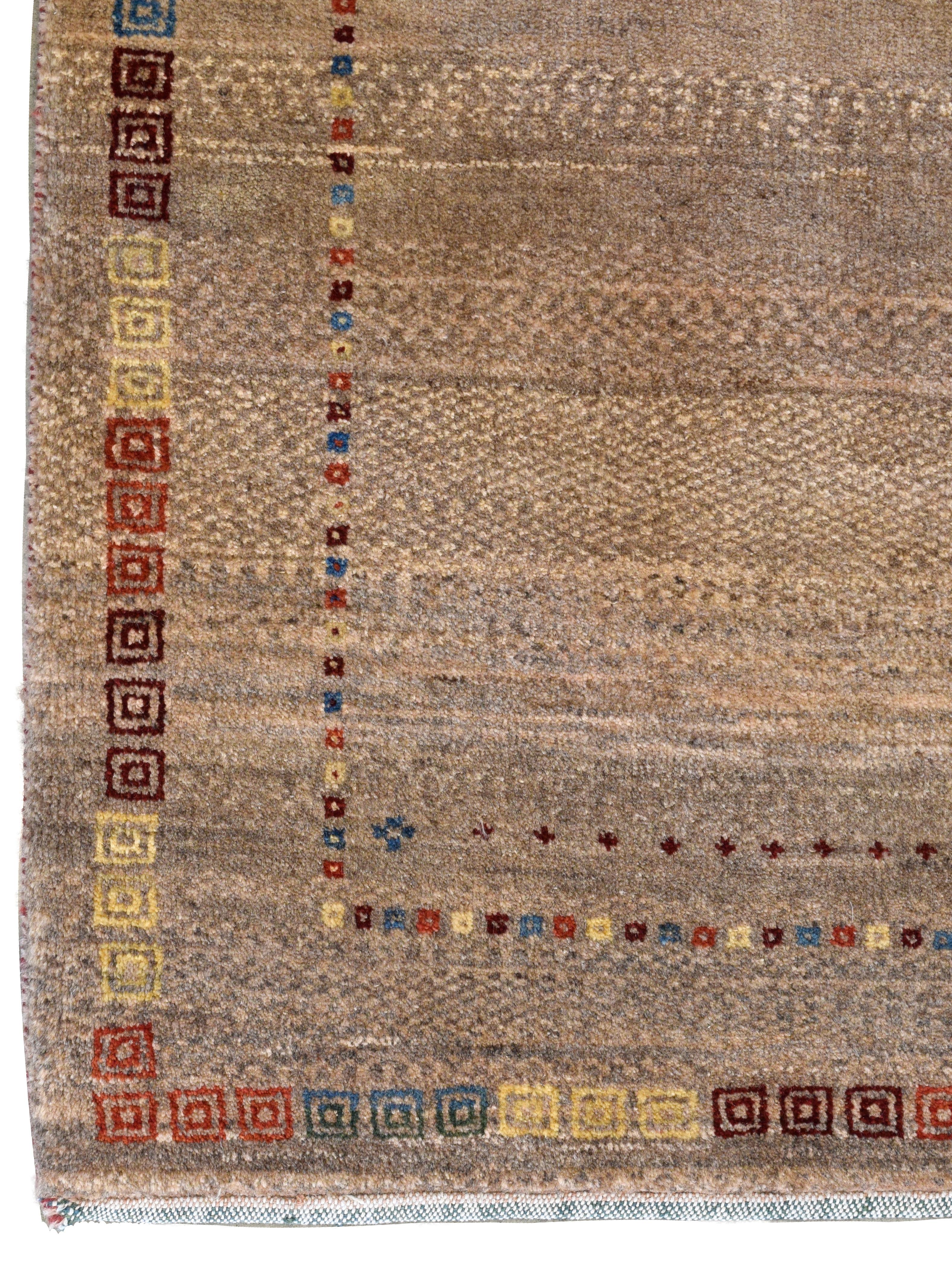 Tribal Gabbeh Rug in Brown, Taupe, Gold, Red, Blue, Orange Wool, 4'x7' In New Condition For Sale In New York, NY