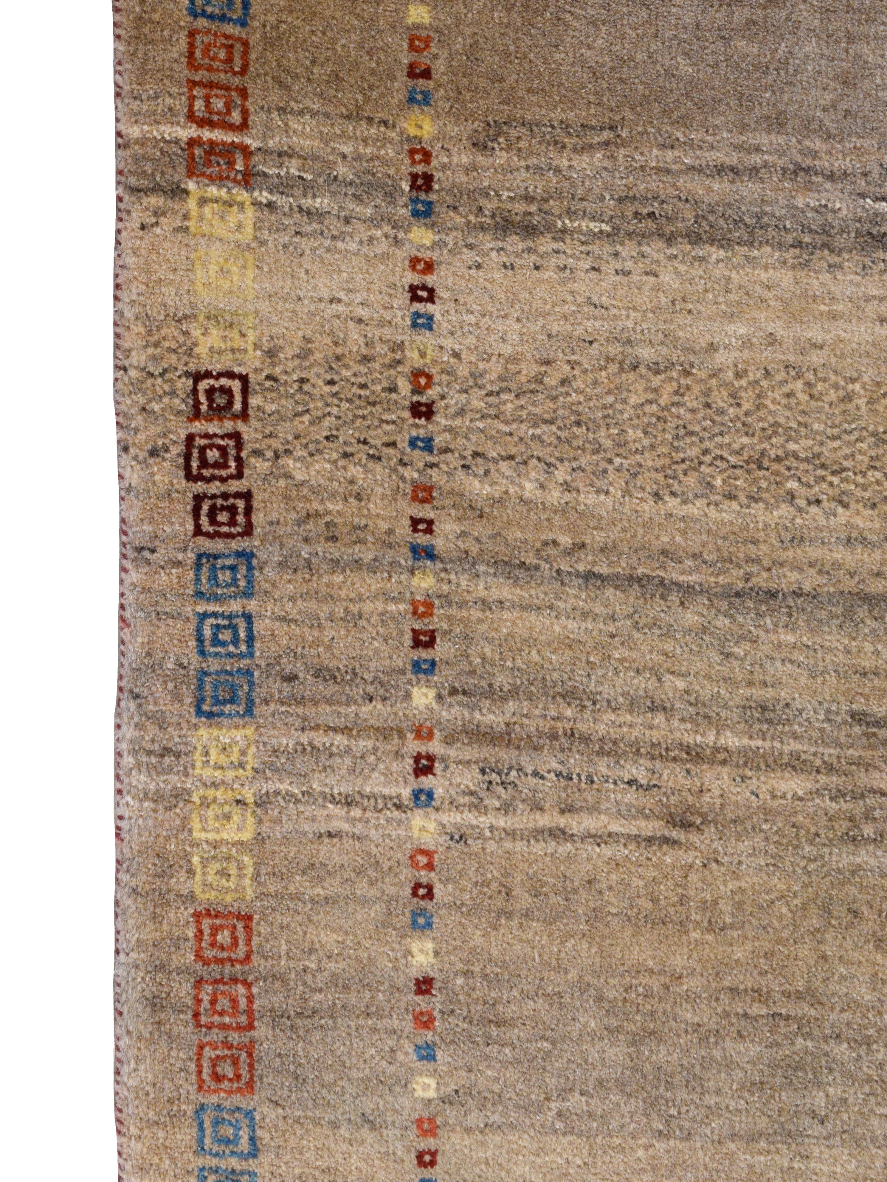 Contemporary Tribal Gabbeh Rug in Brown, Taupe, Gold, Red, Blue, Orange Wool, 4'x7' For Sale