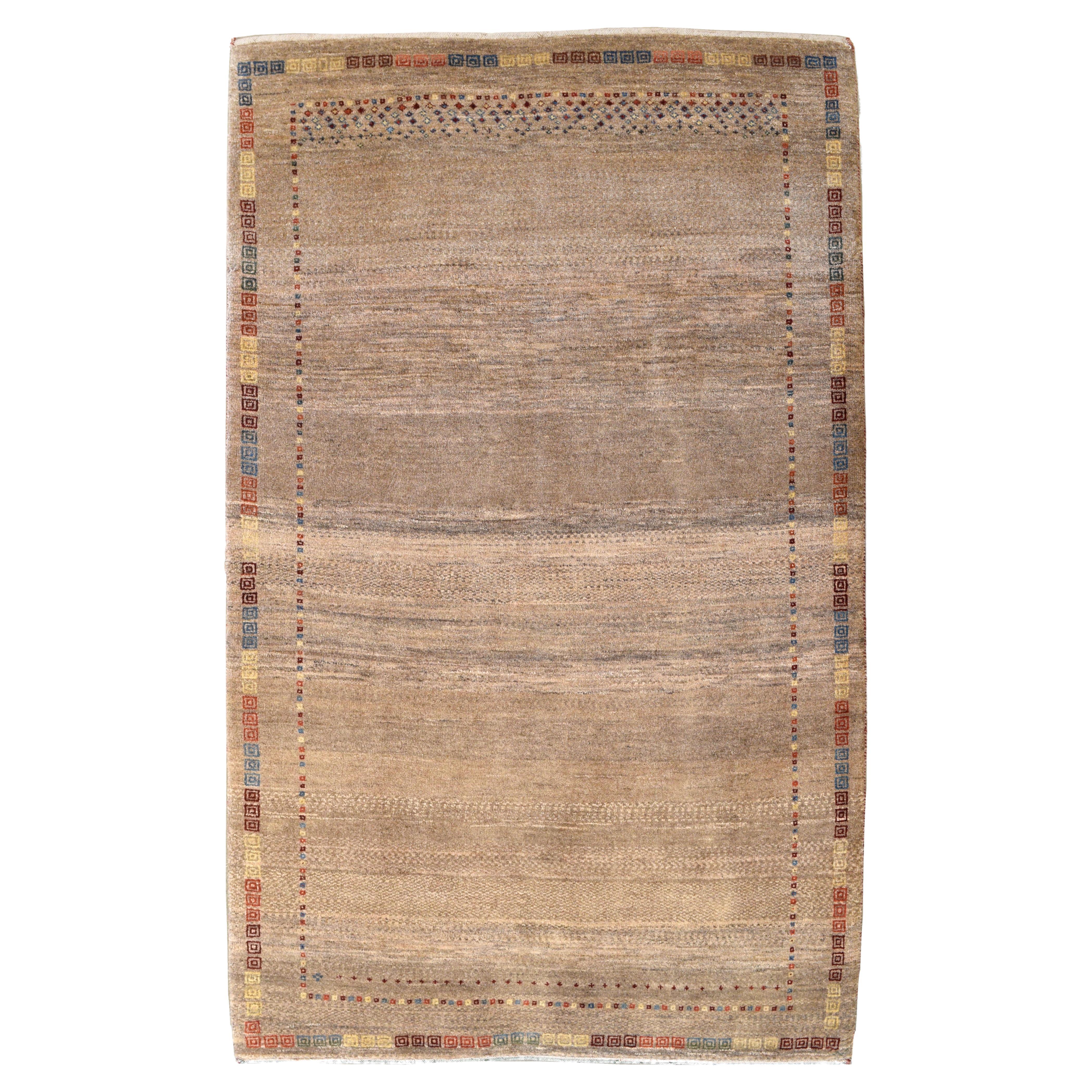 Tribal Gabbeh Rug in Brown, Taupe, Gold, Red, Blue, Orange Wool, 4'x7' For Sale