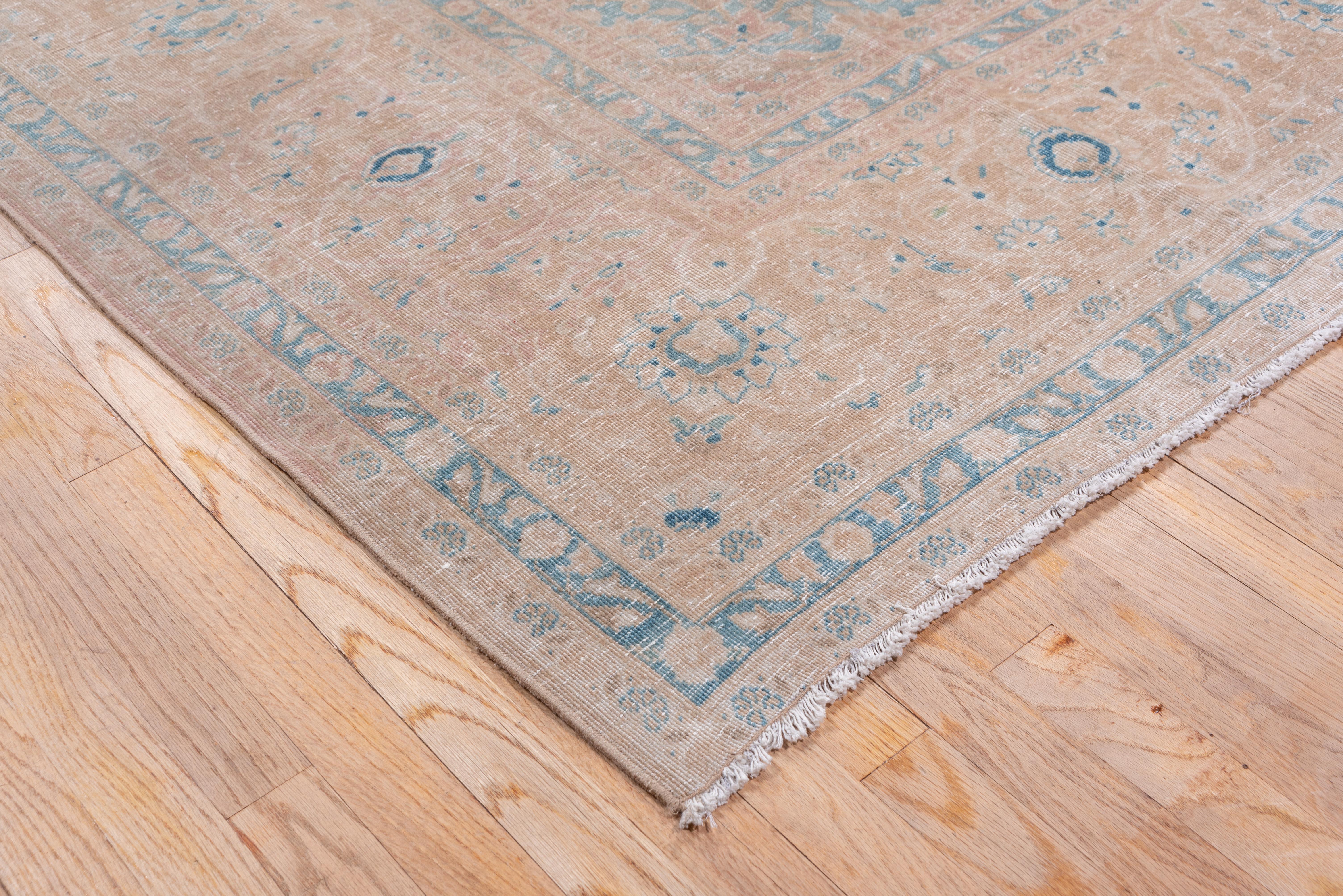 Hand-Knotted Neutral Persian Kashan Carpet, Blue Borders, Light Brown Palette For Sale