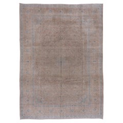 Vintage Neutral Persian Kashan Carpet, Blue Borders, Light Brown Palette