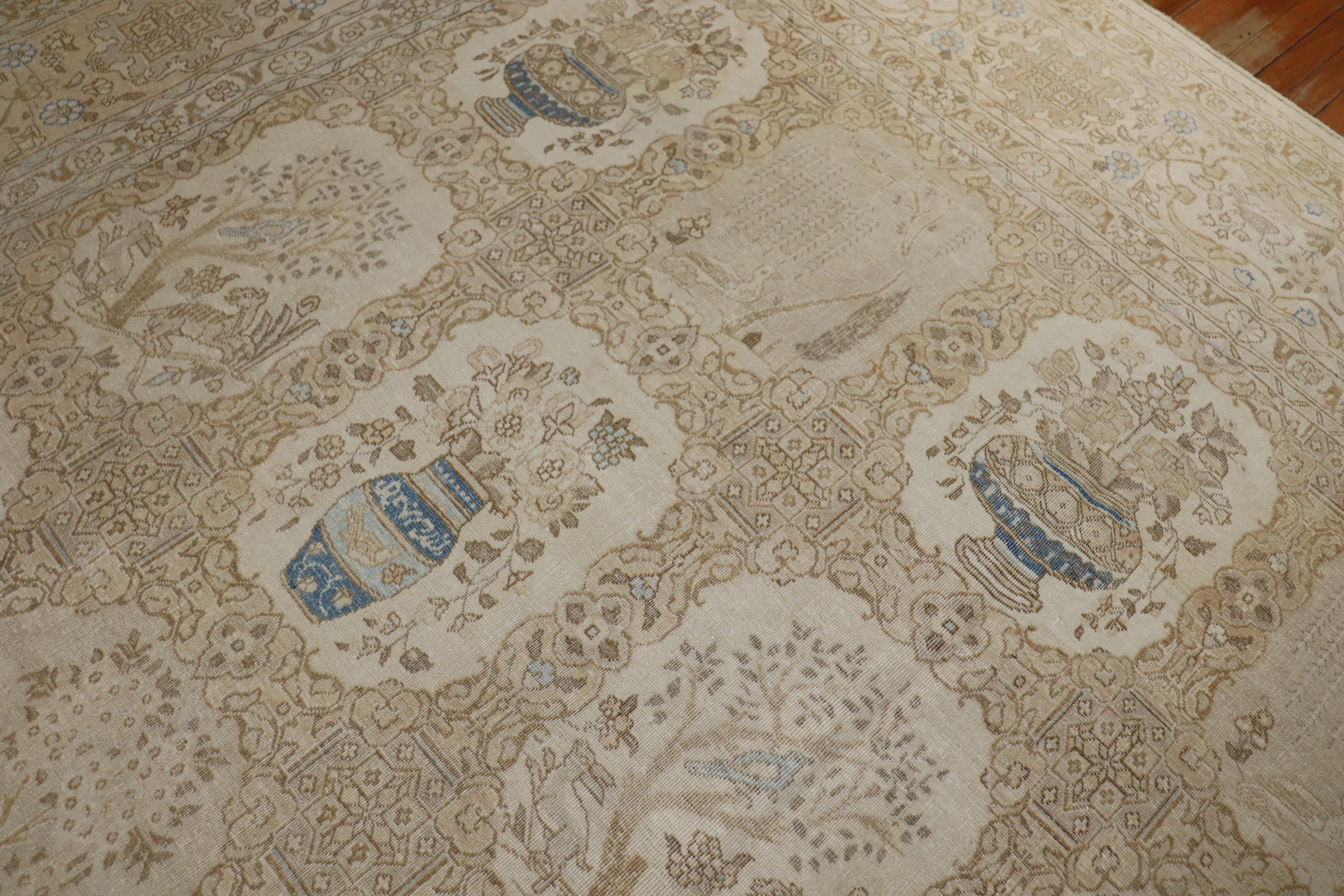 Hand-Woven Neutral Persian Tabriz Pictorial Floral Vase Carpet
