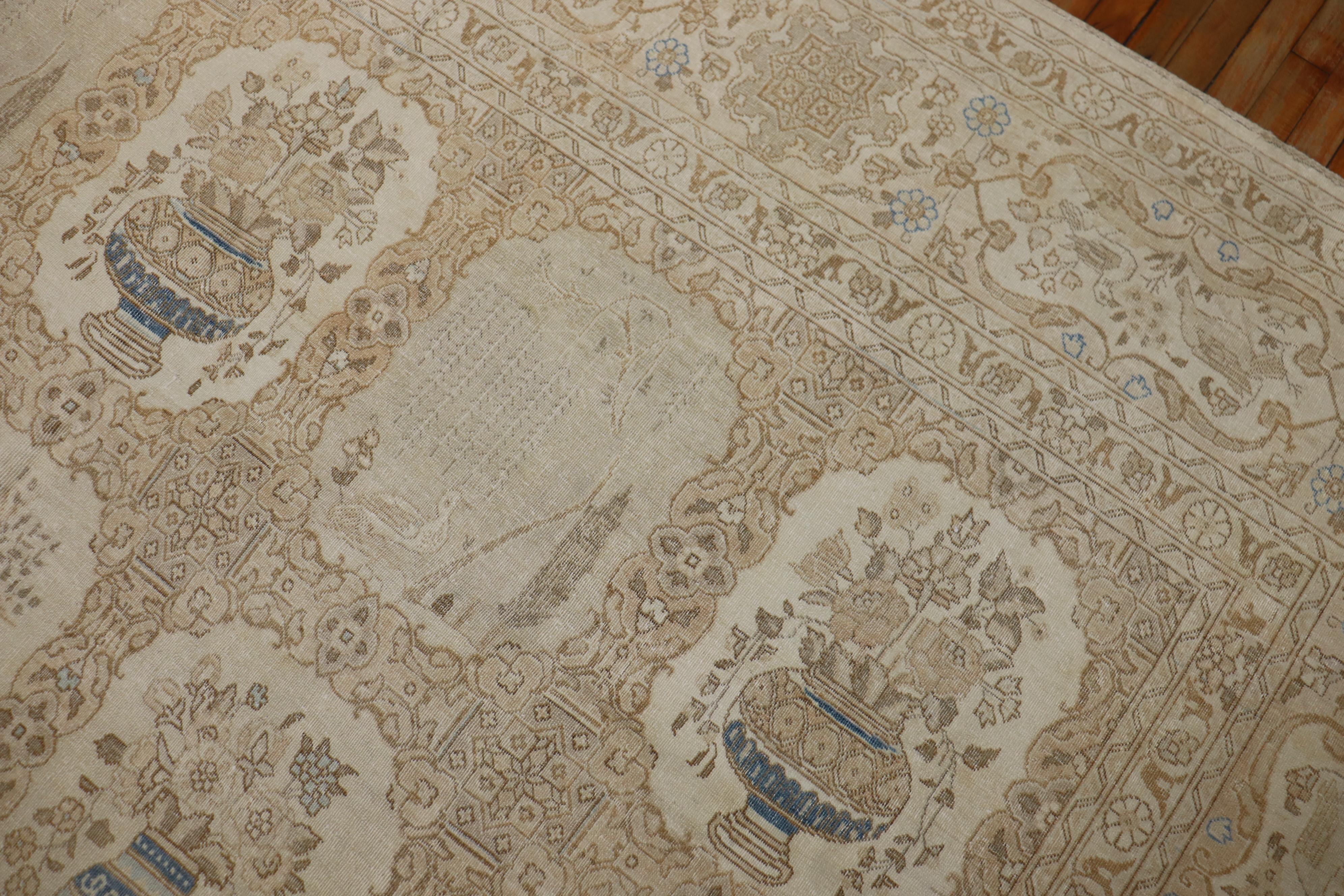 Neutral Persian Tabriz Pictorial Floral Vase Carpet In Good Condition In New York, NY