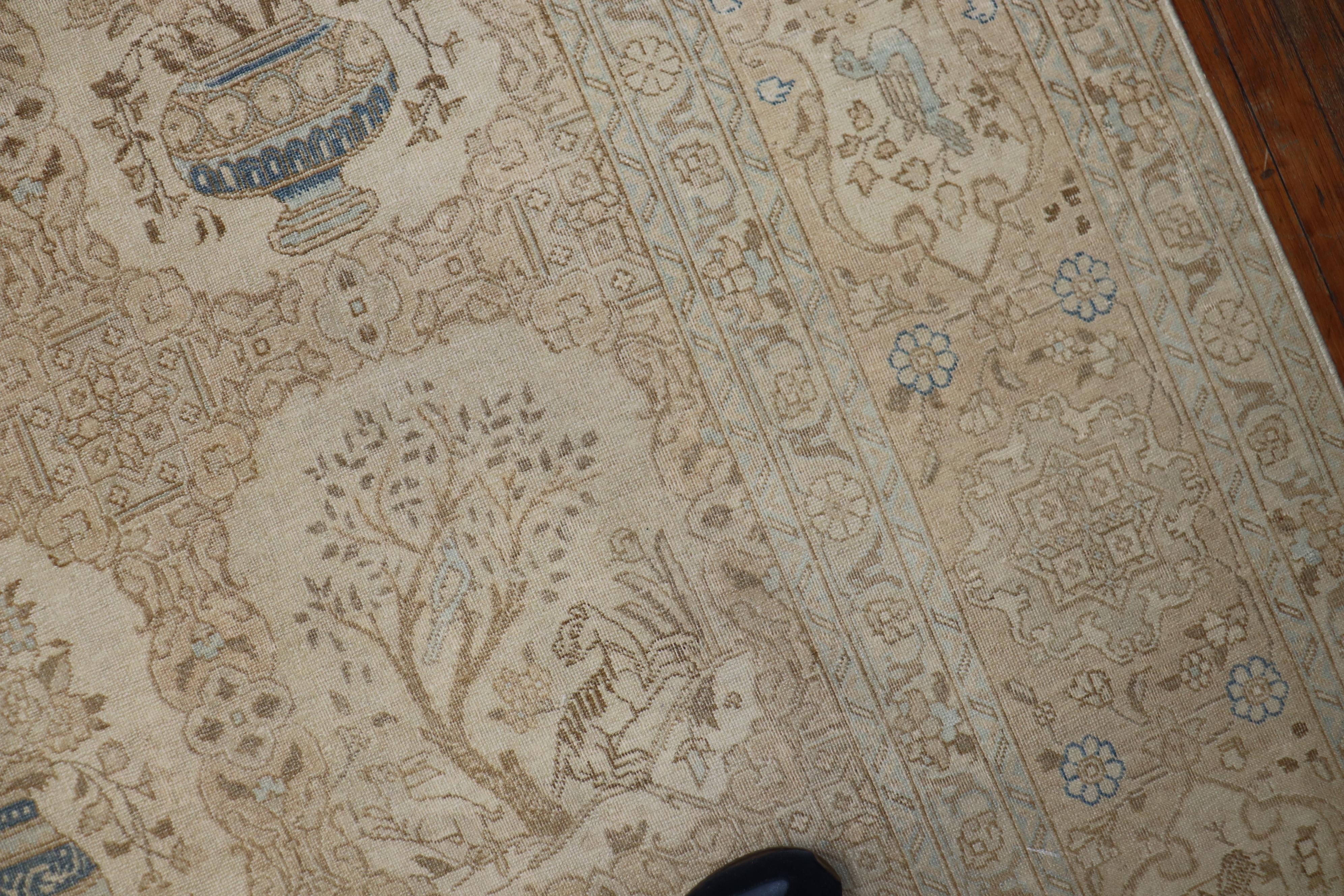Wool Neutral Persian Tabriz Pictorial Floral Vase Carpet