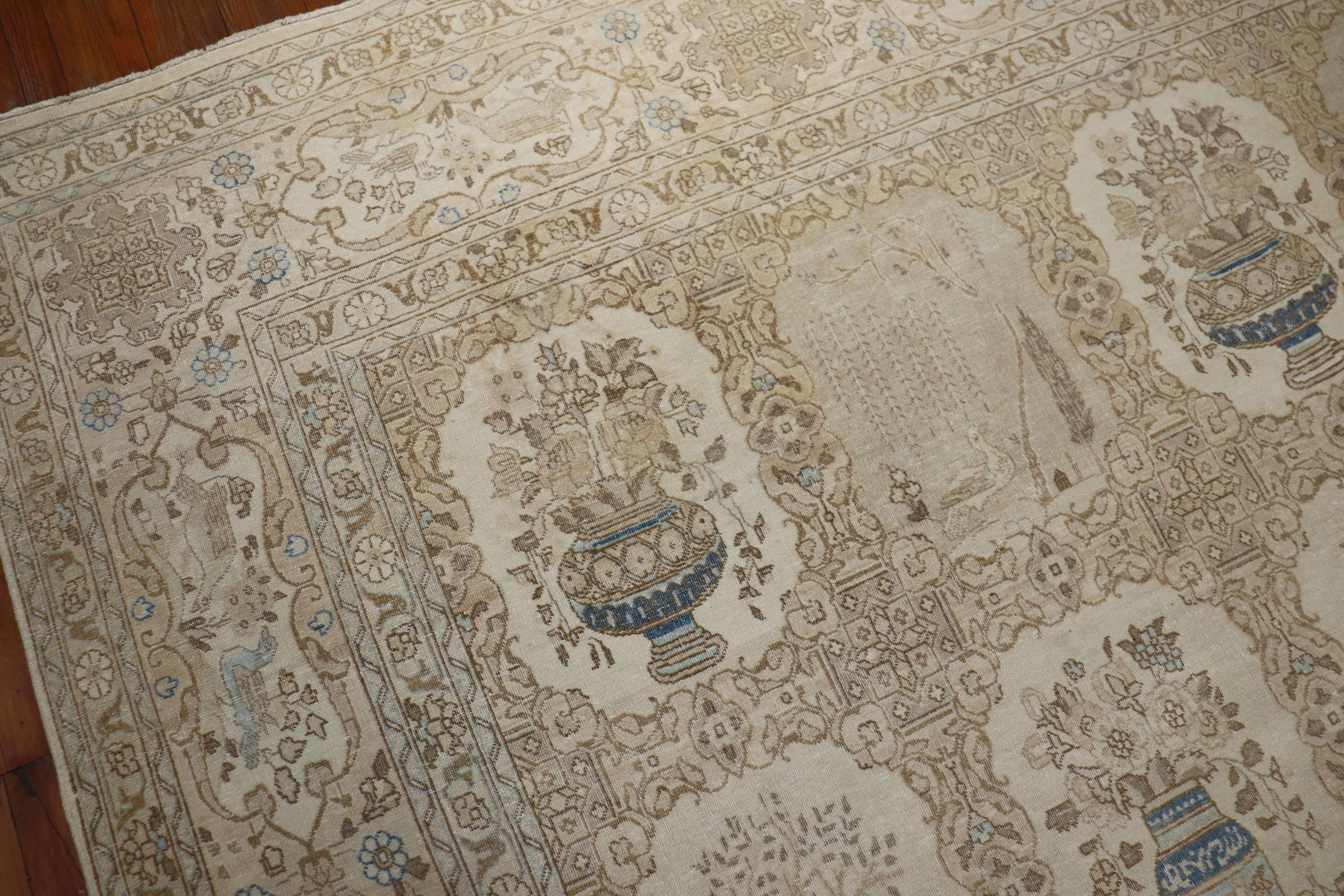 Neutral Persian Tabriz Pictorial Floral Vase Carpet 3