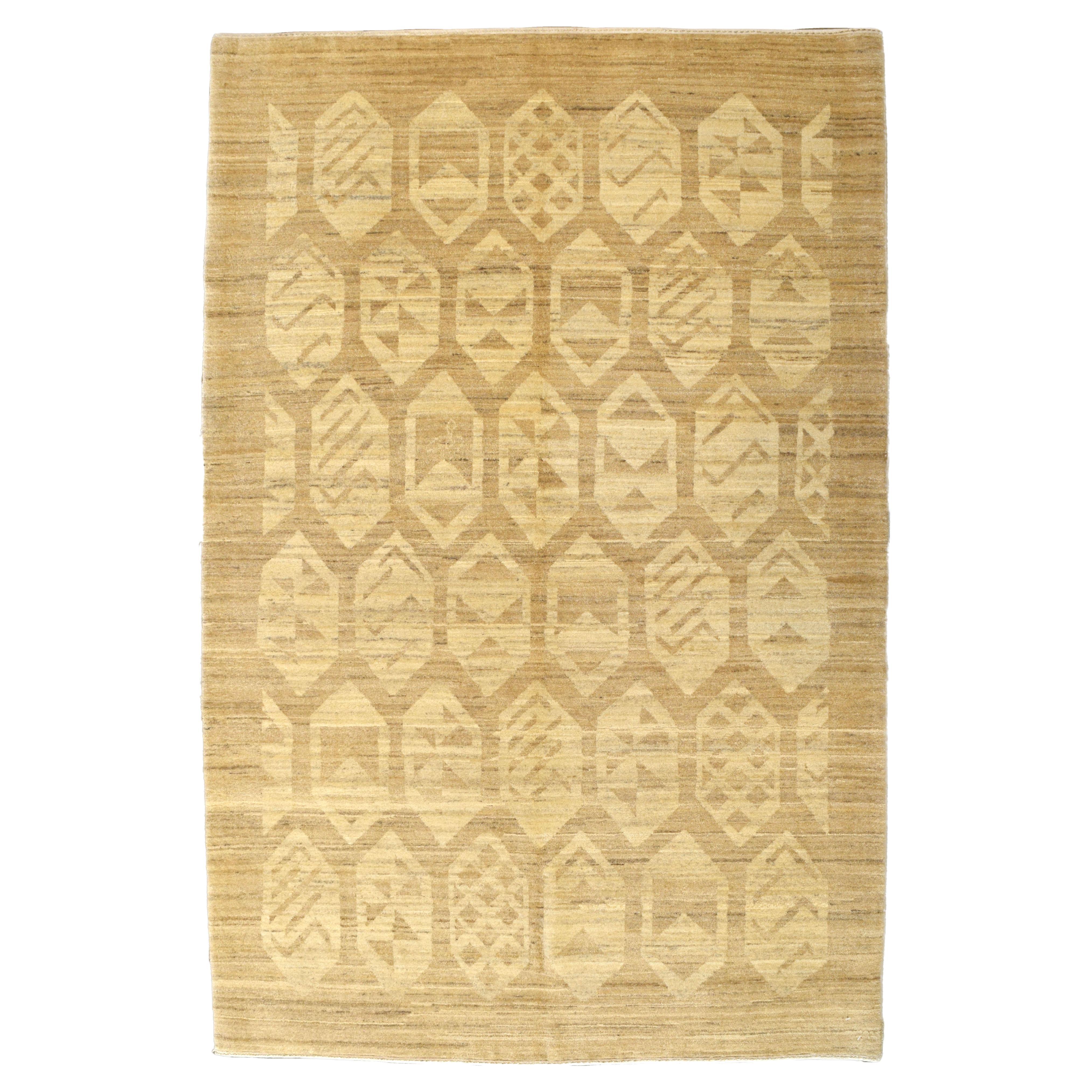 Neutral Persian Wool Rug, Contemporary Minimalist Tribal Geometric Design, 4x6 For Sale