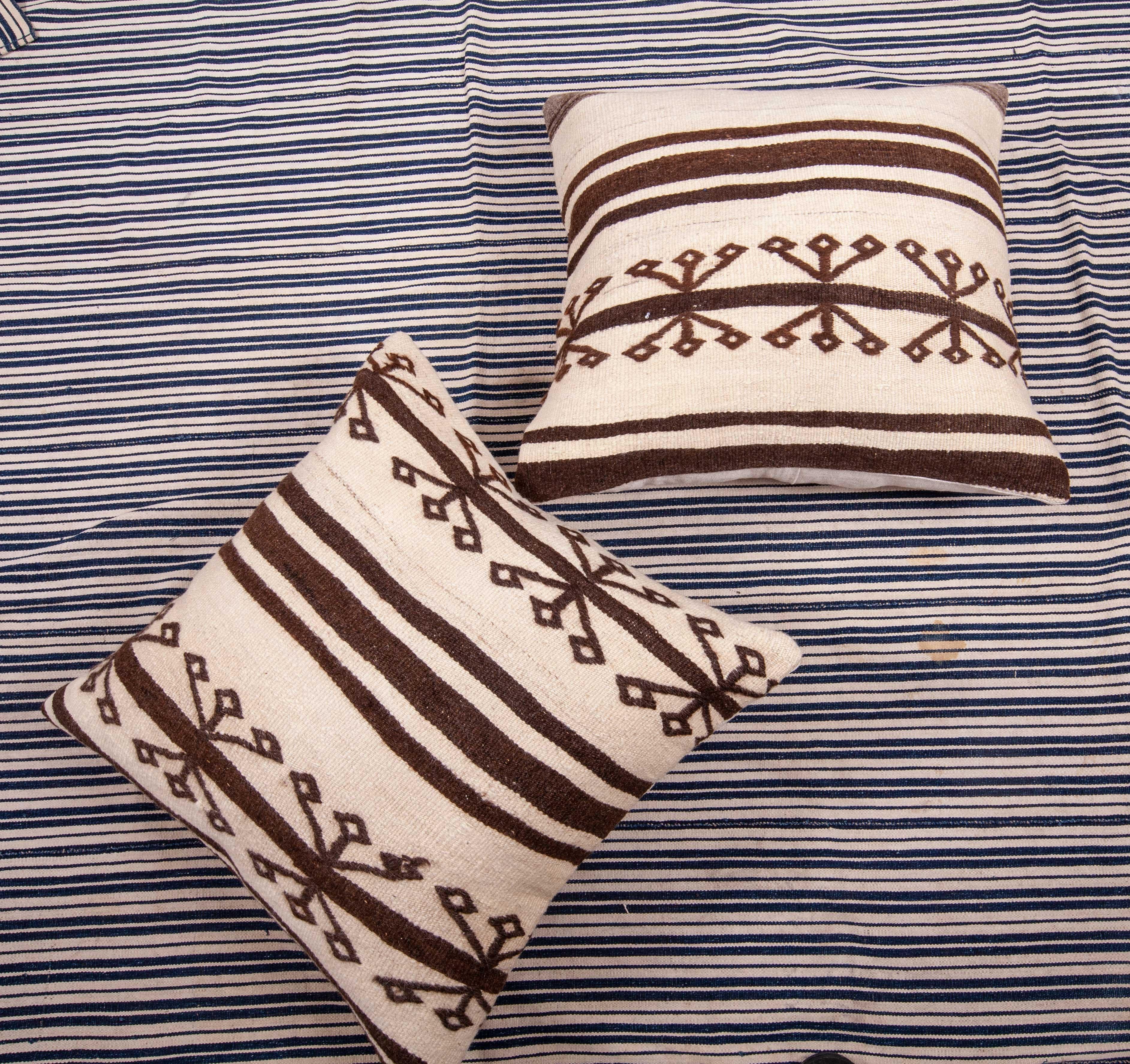 Wool Neutral Pillow Cases Fashioned from a Mid-20th Century Anatolian Kilim
