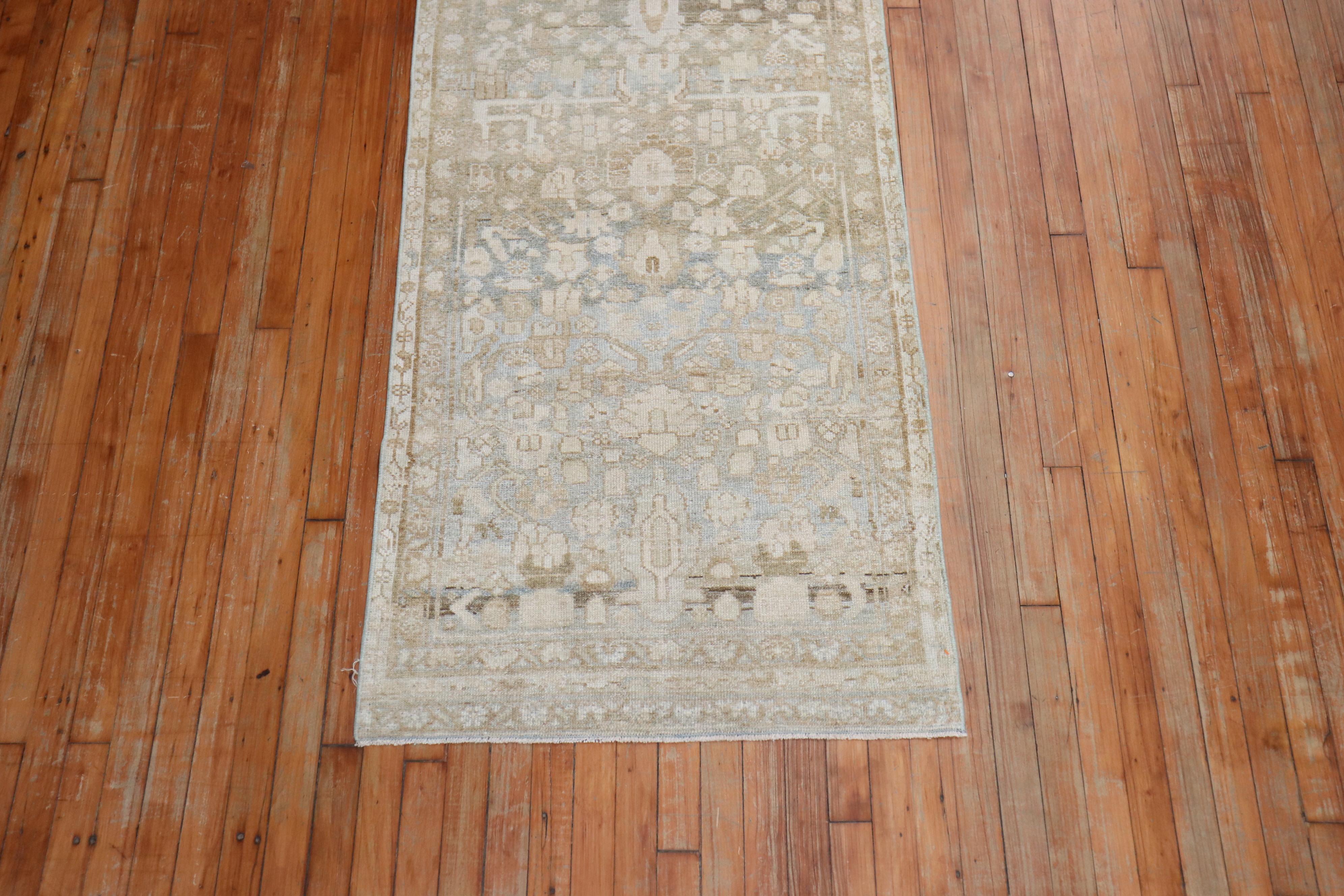 Neutral Slate Brown Gray Green Persian Malayer Runner, 20th Century 3