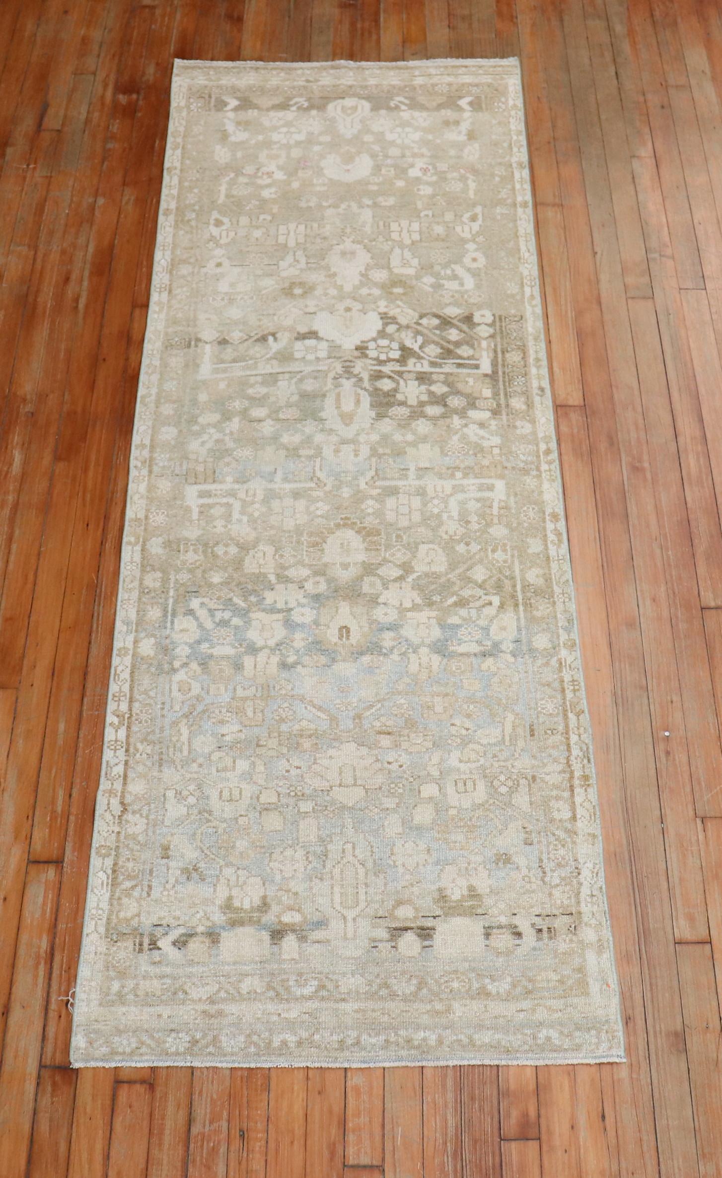 Neutral Slate Brown Gray Green Persian Malayer Runner, 20th Century 4