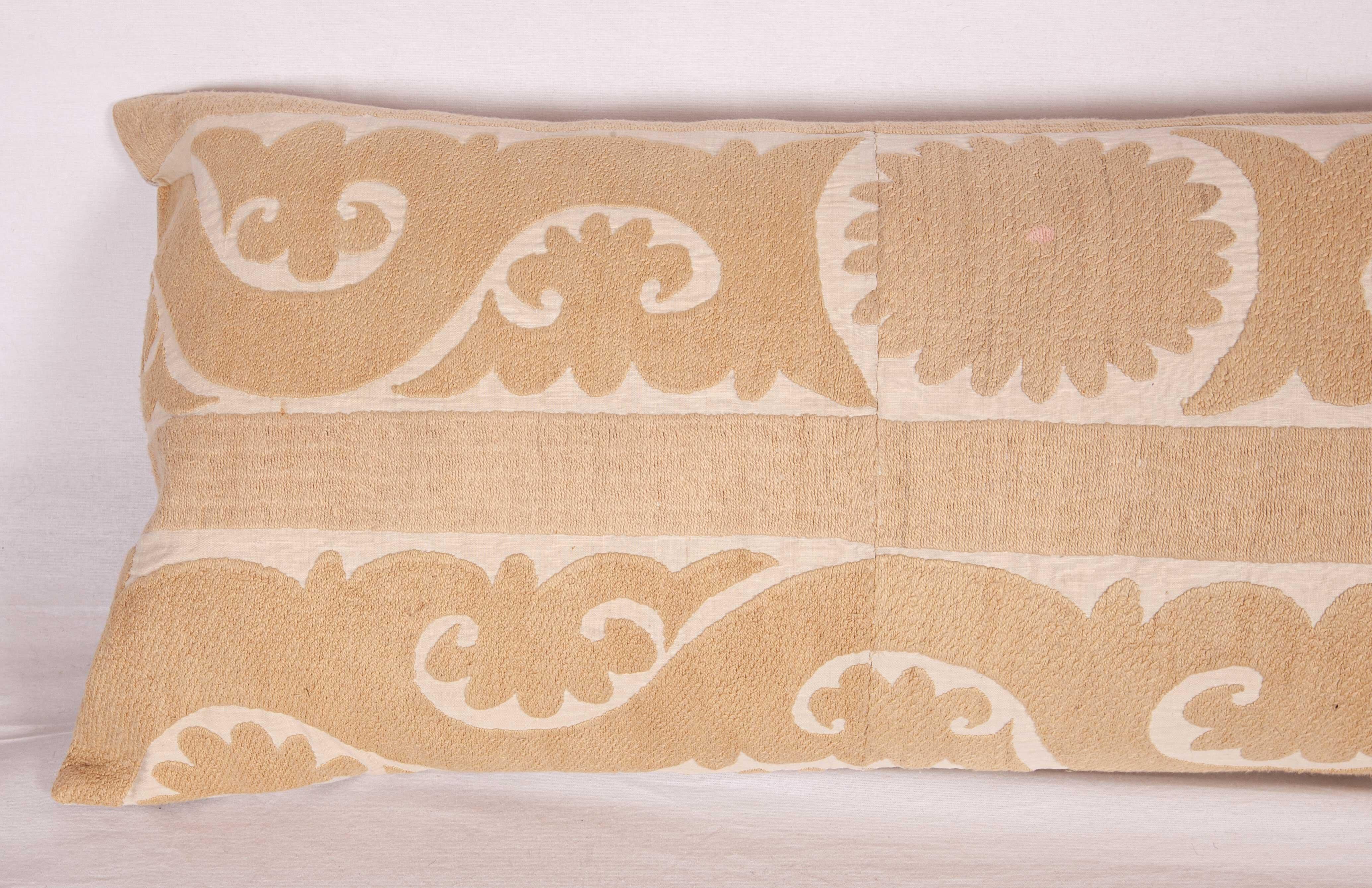 Embroidered Neutral Suzani Lumbar Pillow Case Made from a Mid-20th Century Suzani