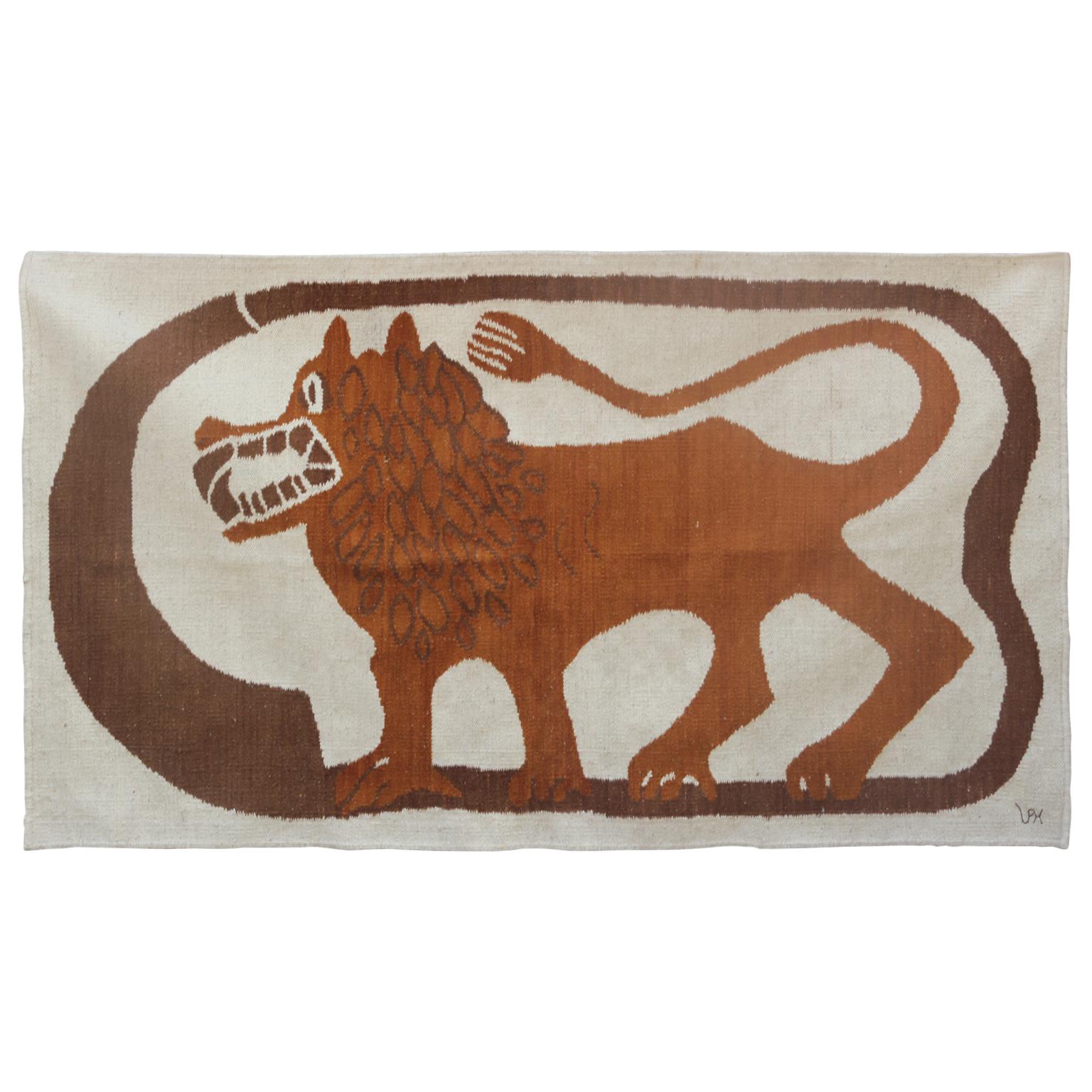 Neutral Tone Folk Art Scandinavian Lion Tapestry or Rug In Good Condition In Houston, TX