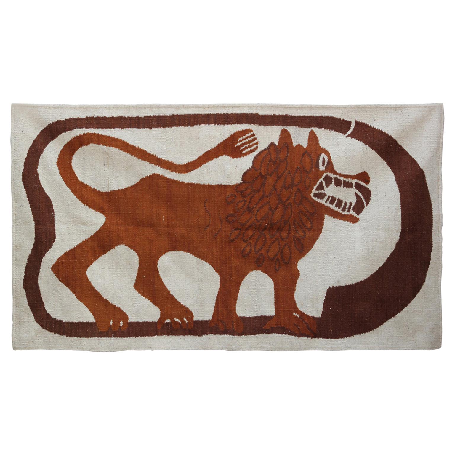 Neutral Tone Folk Art Scandinavian Lion Tapestry or Rug
