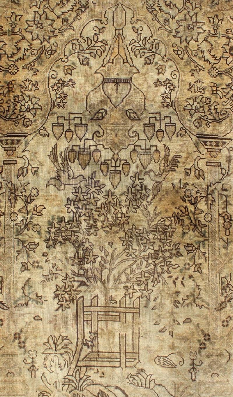 Malayer Neutral Tone Vintage Persian Lilihan Rug with Ornate Garden Center Field