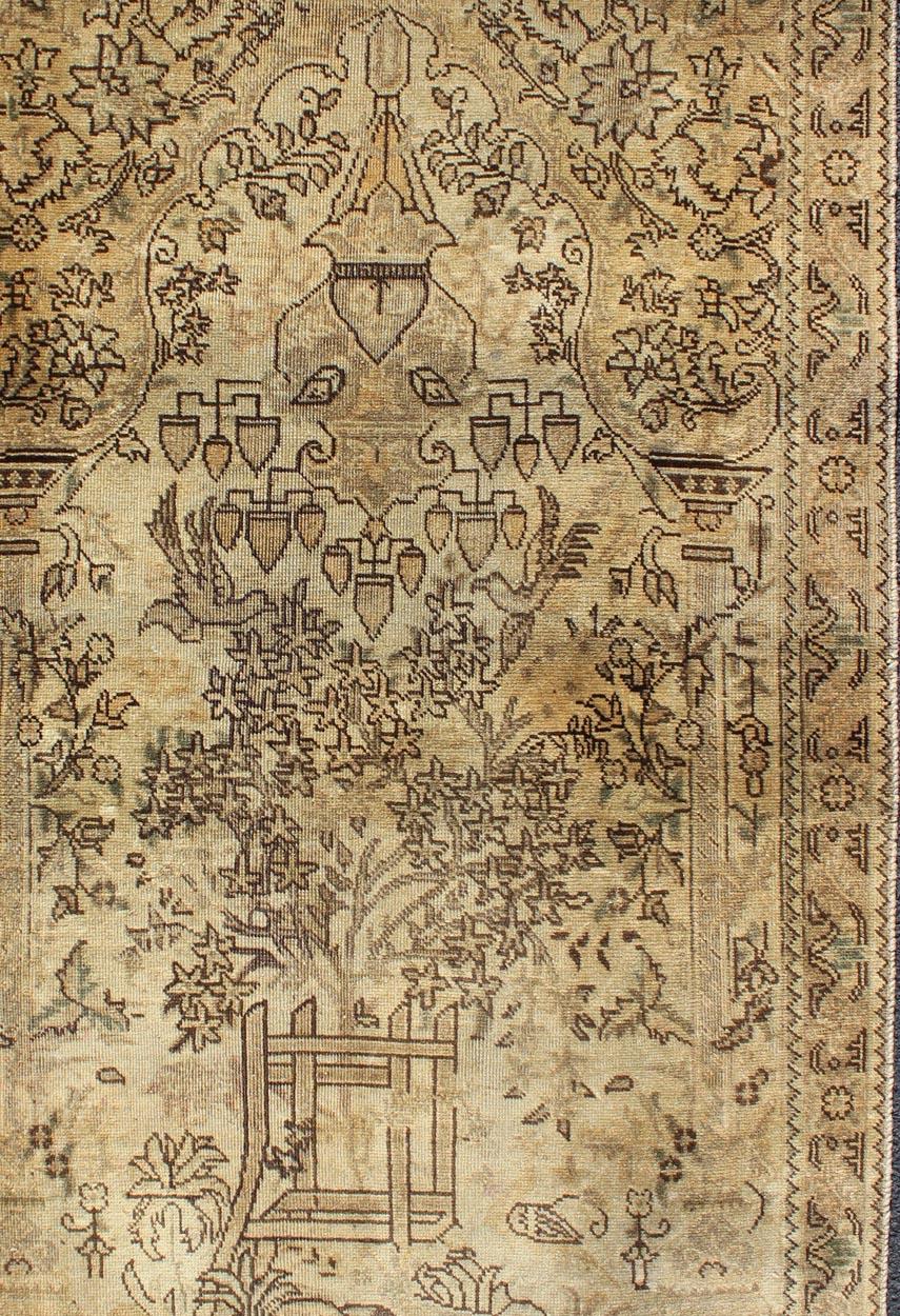 Hand-Knotted Neutral Tone Vintage Persian Lilihan Rug with Ornate Garden Center Field