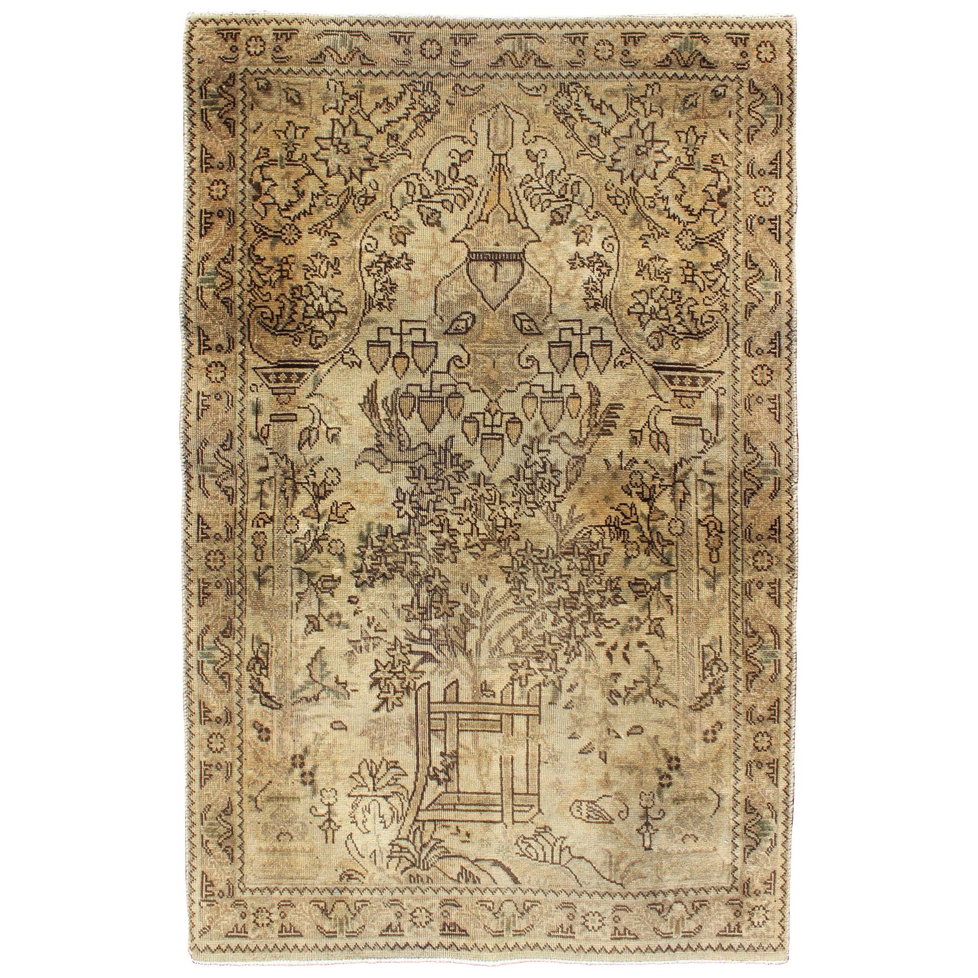 Neutral Tone Vintage Persian Lilihan Rug with Ornate Garden Center Field