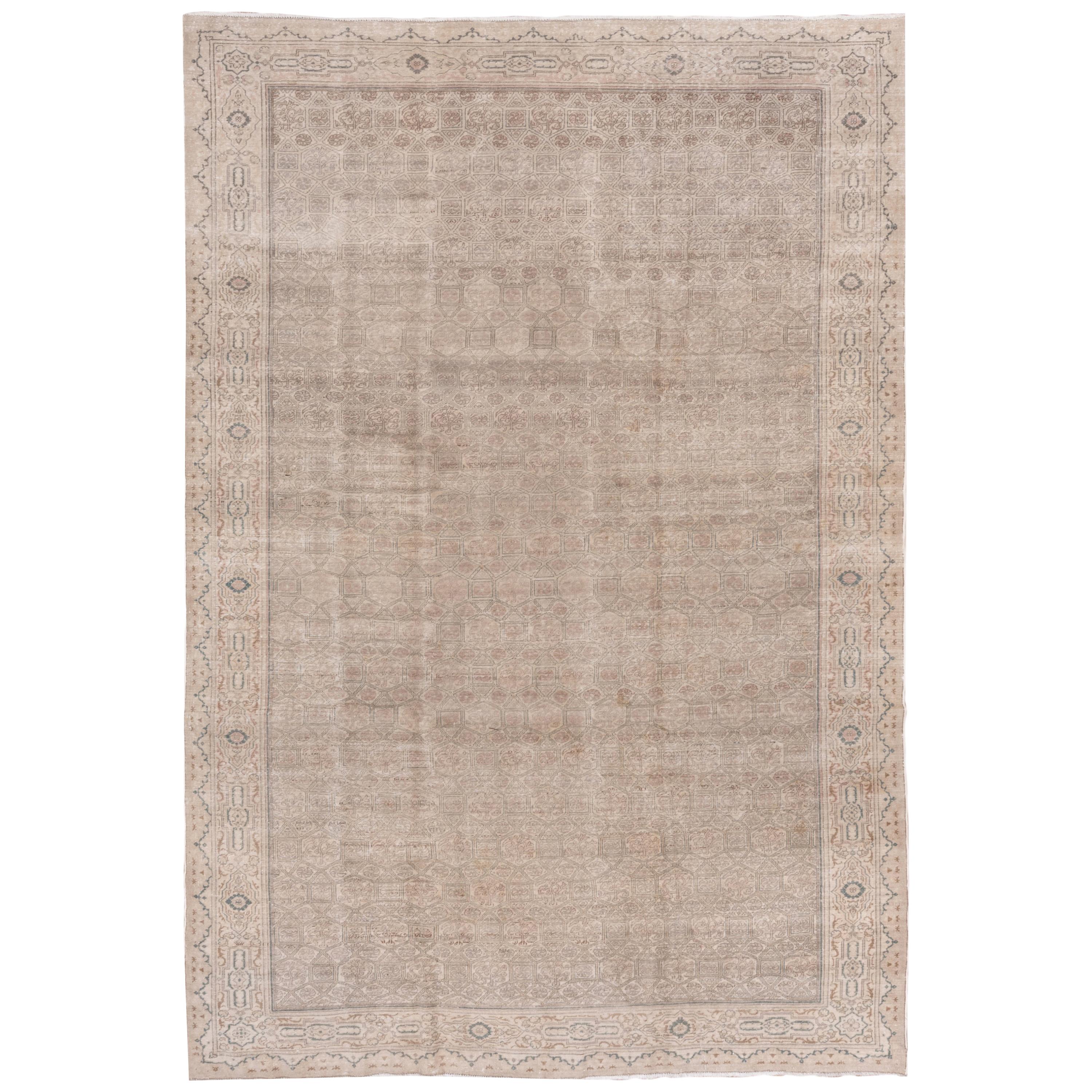 Neutral Toned Shabby Chic Turkish Kaisary Rug, Dark Green and Rust Accents For Sale