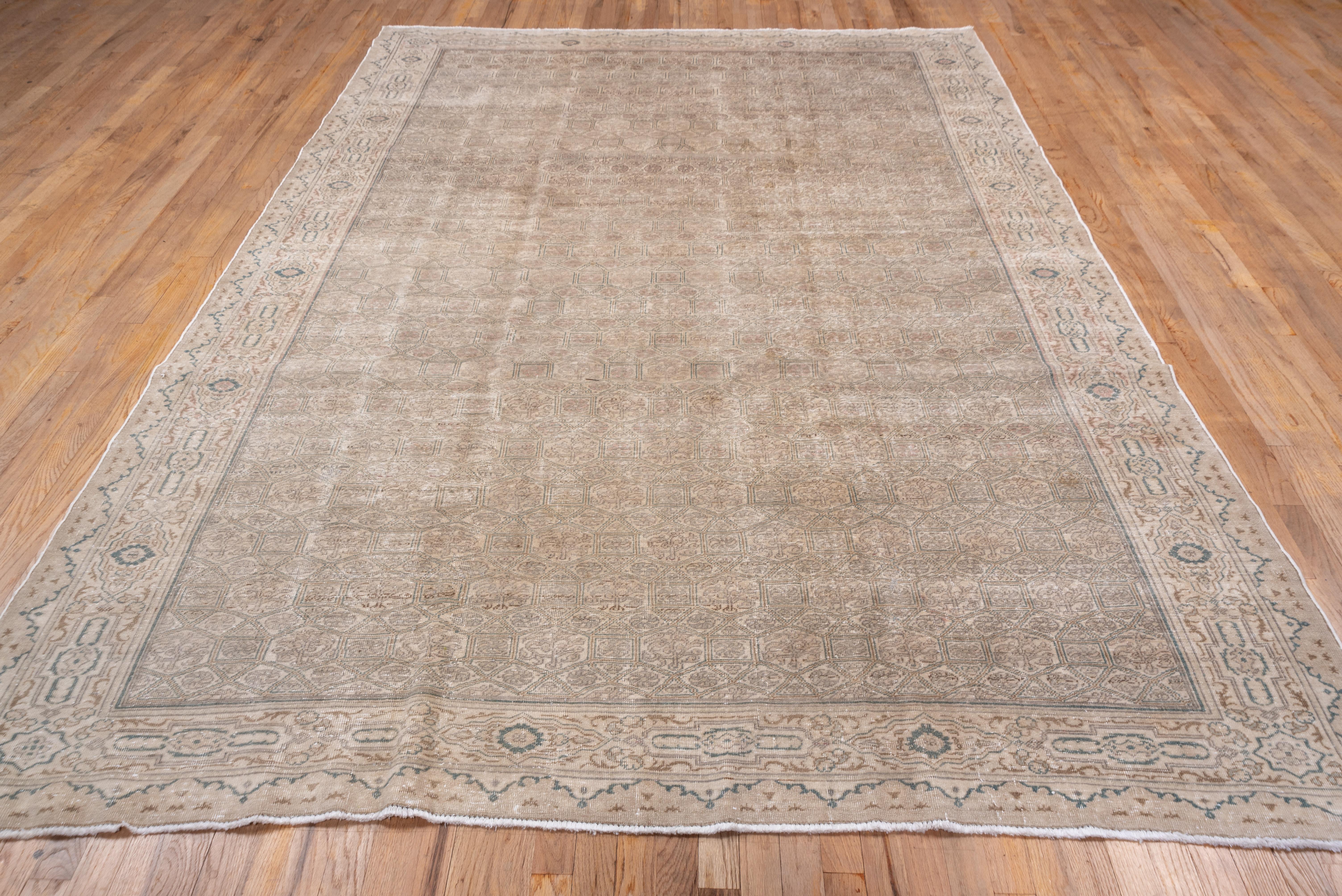 Hand-Knotted Neutral Toned Shabby Chic Turkish Kaisary Rug, Dark Green and Rust Accents For Sale