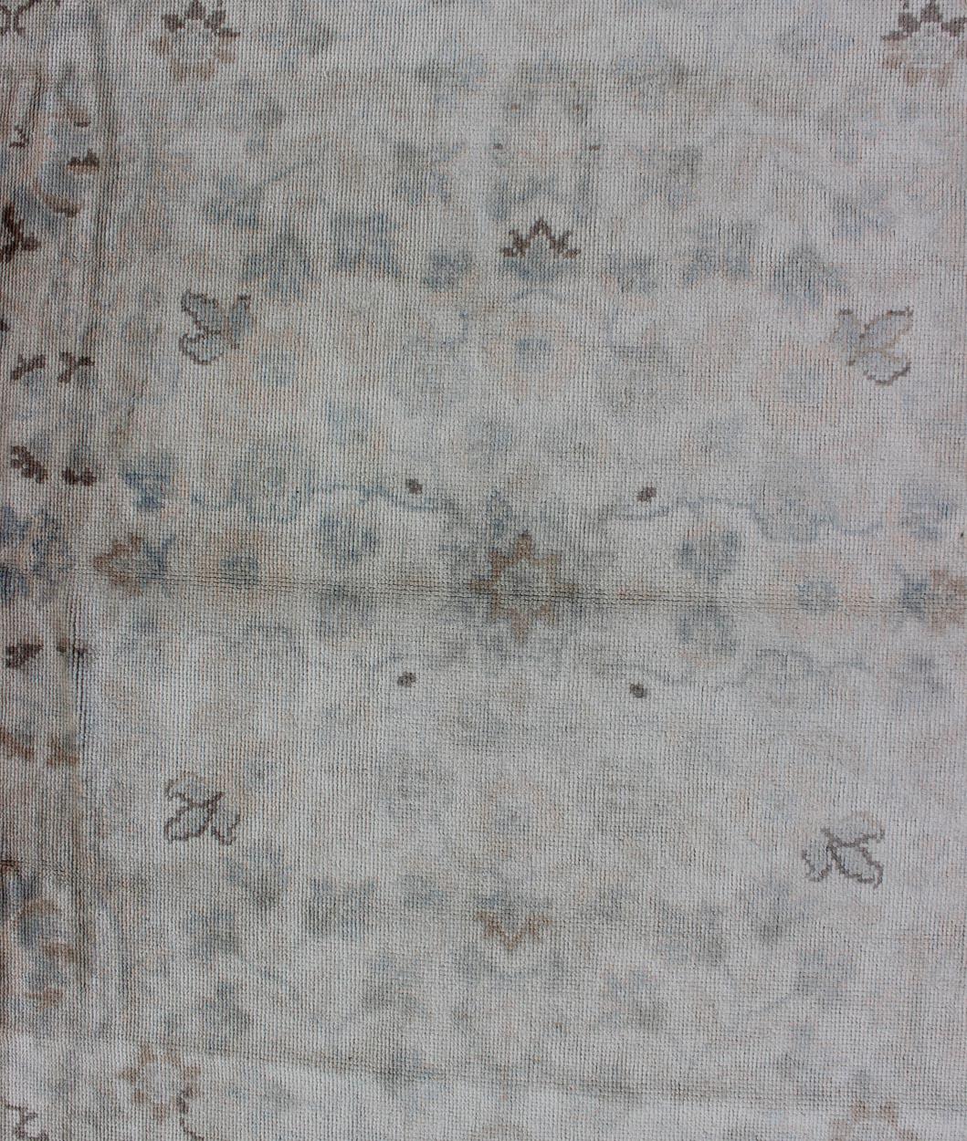 Hand-Knotted Neutral Vintage Turkish Oushak Rug with Floral Design and Medallions For Sale