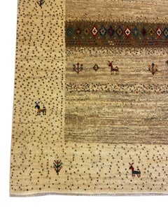 Neutral Wool Kashkooli Rug with Springtime Scene and Animal Motifs, 4x6