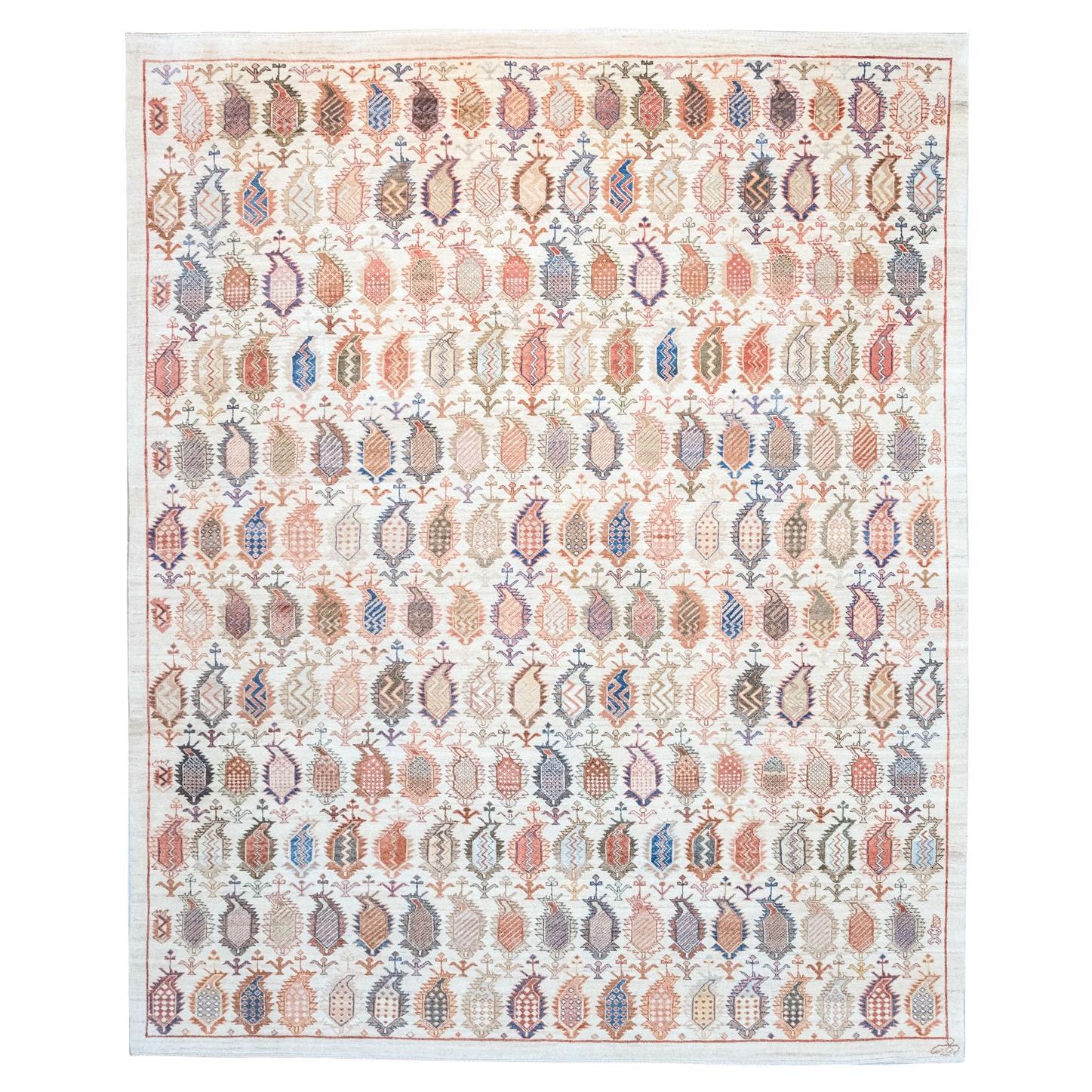Neutraler persischer Wollteppich mit bunten Paisleys, böhmisch, 8' x 10' im Angebot