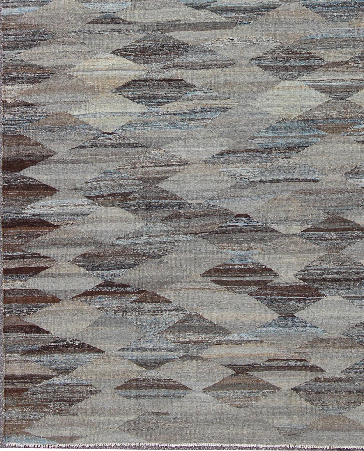 Neutrales, Carbón, Gris y Marrón Diamante Afgano Kilim Moderno Diseño Geométrico Tejido a mano en venta