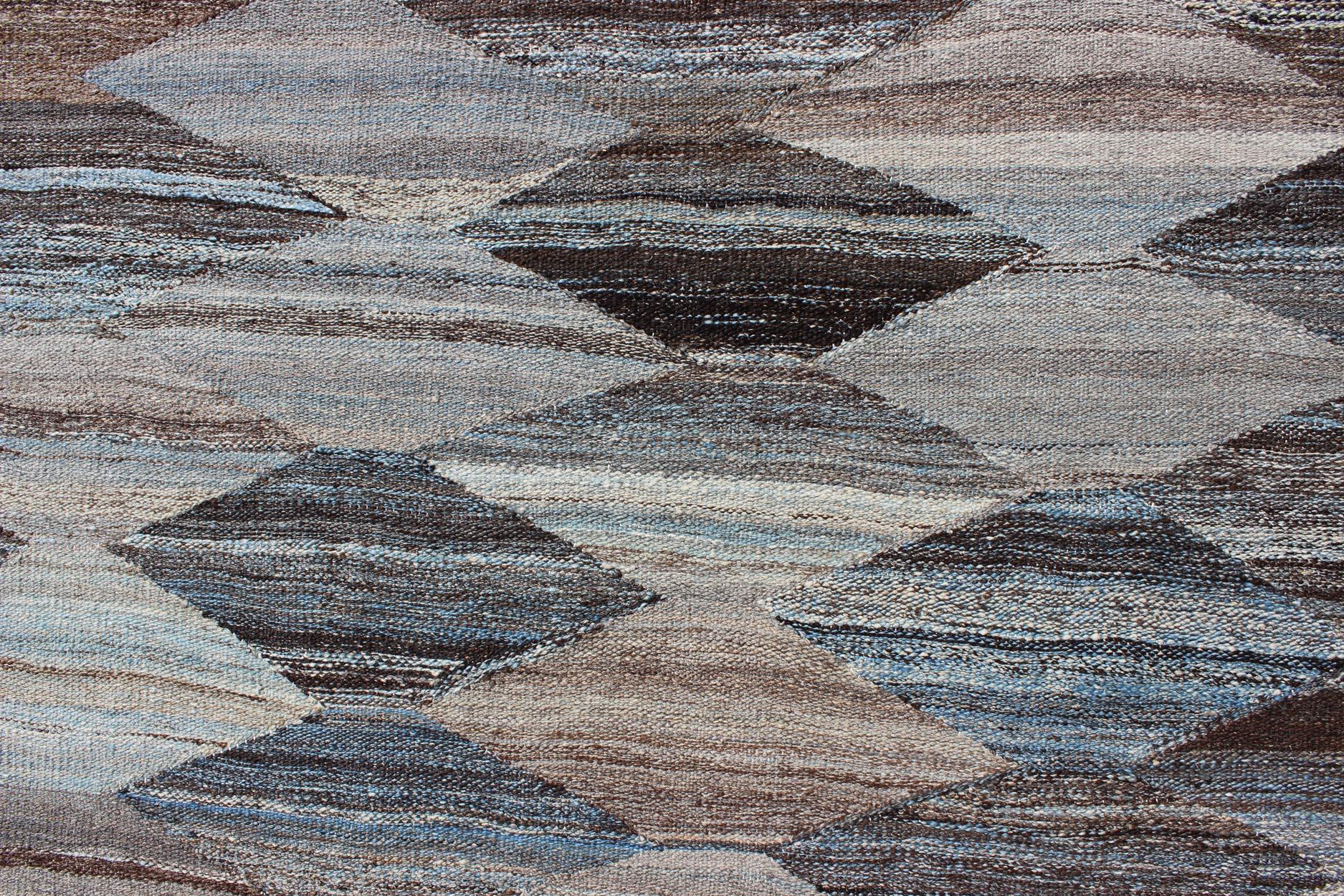 Neutrales, Carbón, Gris y Marrón Diamante Afgano Kilim Moderno Diseño Geométrico en venta 1