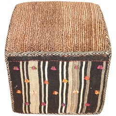 Neutrals With Red Decorative Kilim Footstool, Middle East, Contemporary
