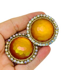 NEVA BURBA signed vintage artisan glass rhinestones designer clip on earrings