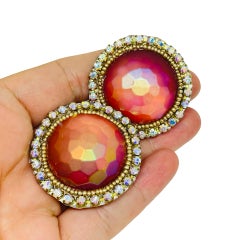 NEVA BURBA signed vintage artisan glass rhinestones designer clip on earrings