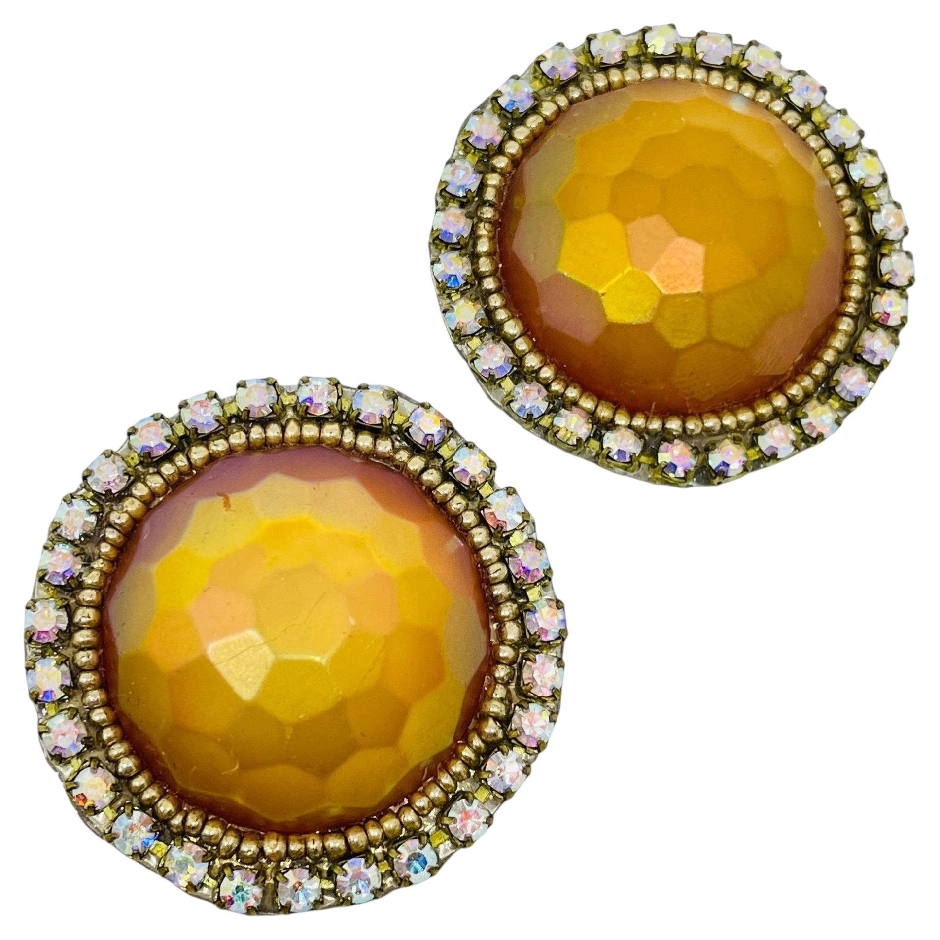 NEVA BURBA signé vintage artisan glass rhinestones designer clip on earrings