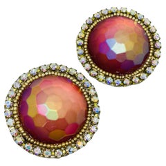 NEVA BURBA signed vintage artisan glass rhinestones designer clip on earrings