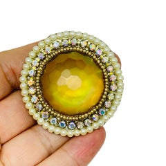 NEVA BURBA signed vintage artisan glass rhinestones pearls designer brooch