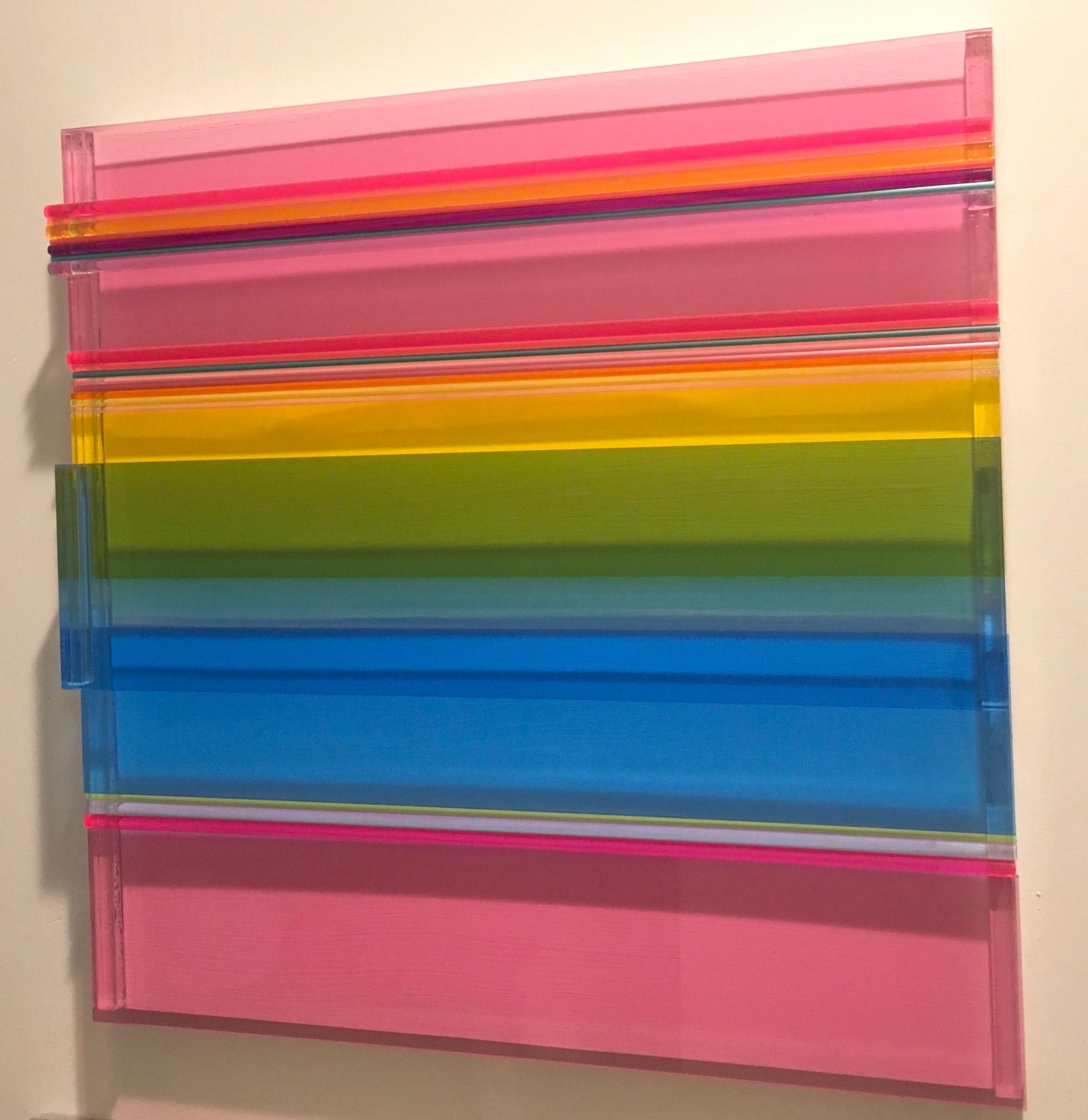 Roses By The Sea by Neva Setlow is created with layered colored Plexiglass, both flat and round.  It is 16x16x2filled with bright colors and dimension.   It is on a wood frame and wired for easy hanging.   It is a one of a kind artwork.

According