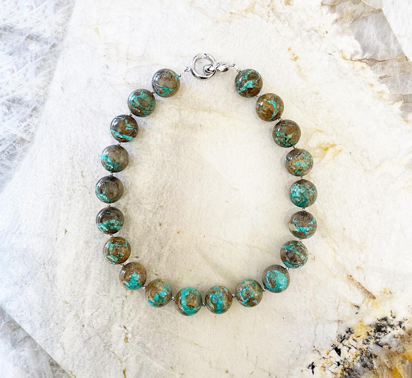 Round Cut Nevada Carico Lake Turquoise 20mm Round Beaded Statement Necklace  For Sale