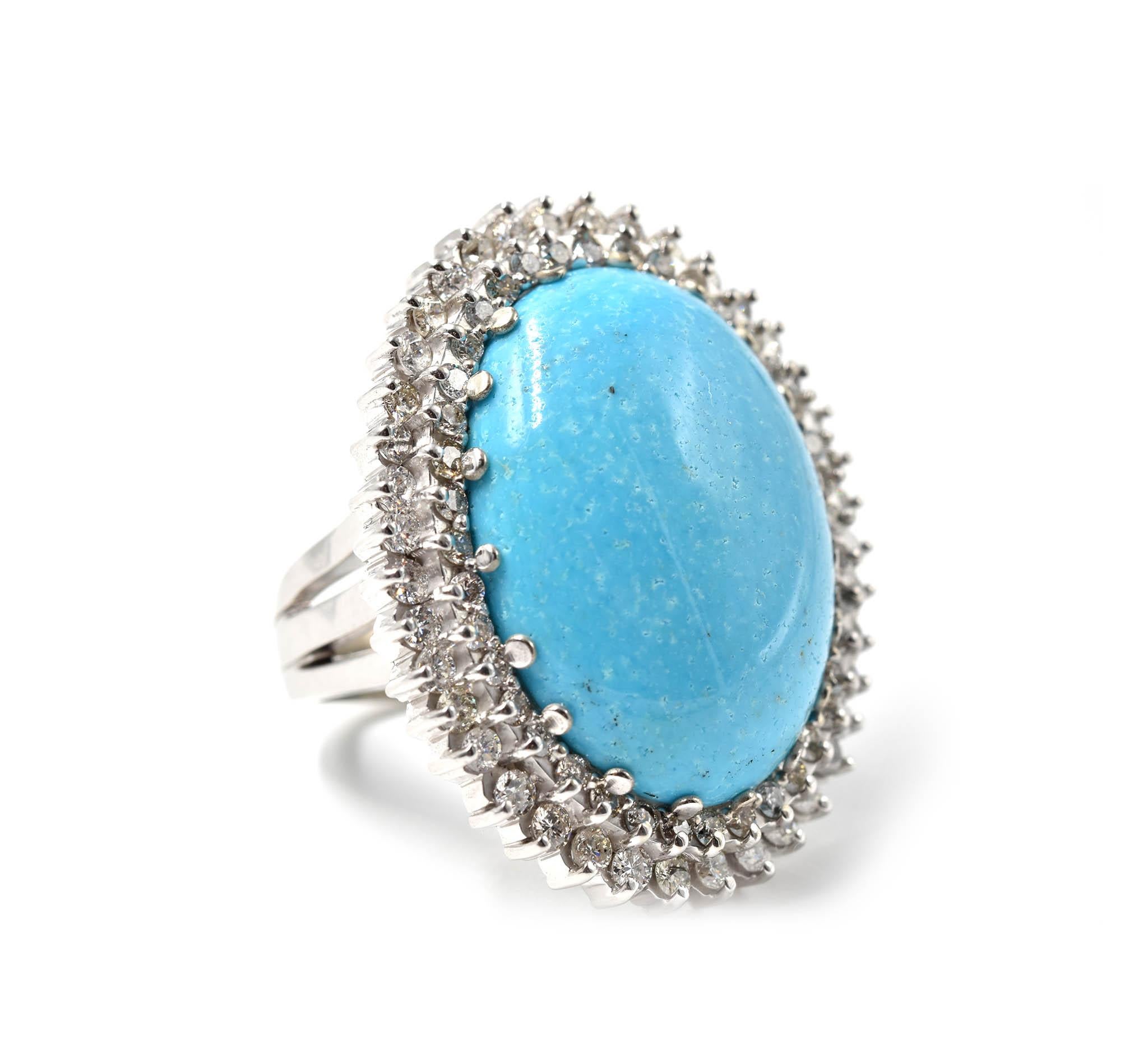 Designer: custom design
Material: 14k white gold
Turquoise: one smooth cabochon cut Nevada turquoise from Blue Gem Mine
Diamonds: 82 round brilliant cuts = 3.21 carat weight
Color: G
Clarity: VS2-SI1
Ring Size: 6 3/4 (please allow two additional