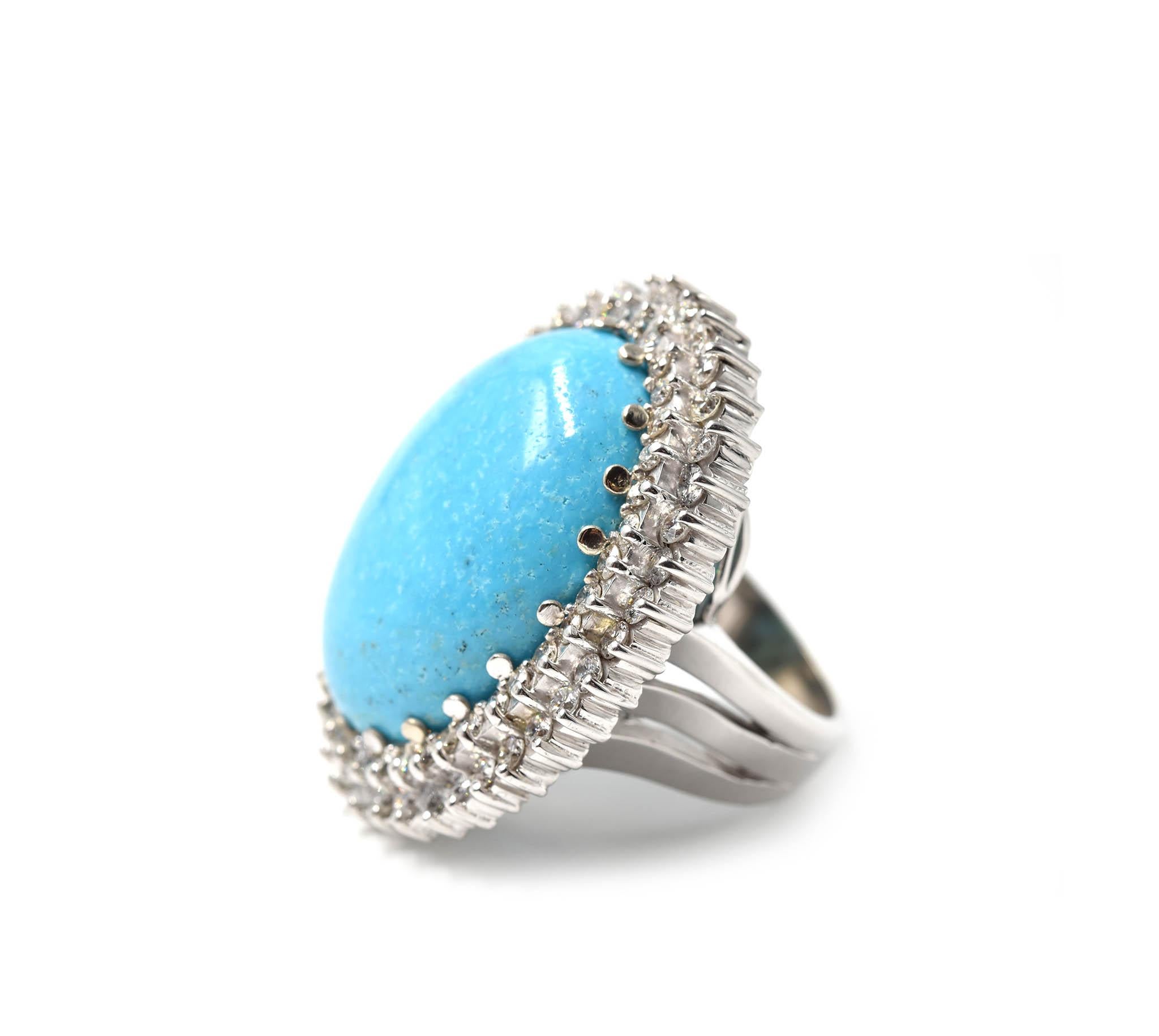 Round Cut Nevada Turquoise and Diamond 14 Karat White Gold Cocktail Ring