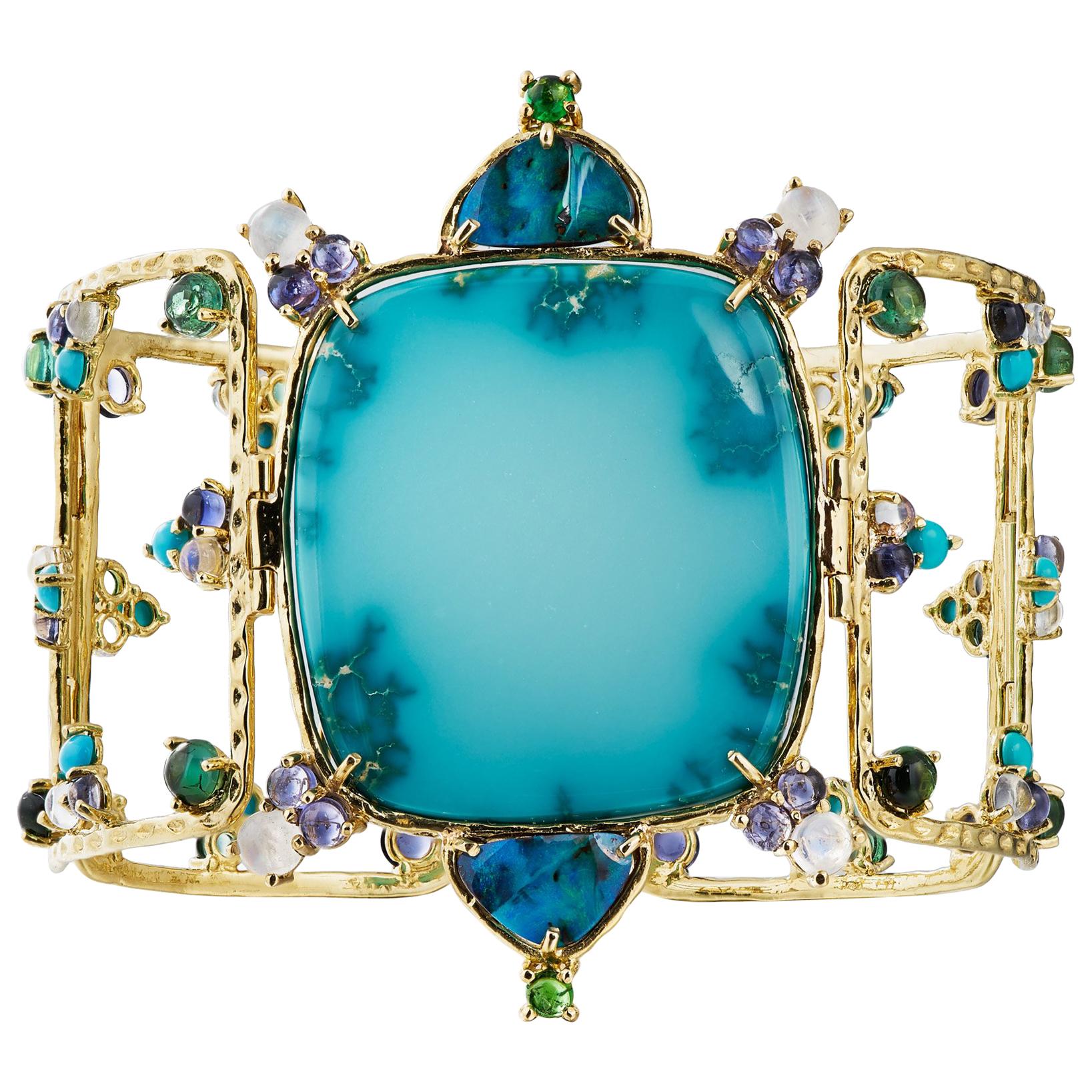 Nevada Turquoise, Black Opal, Tourmaline, Moonstone, Iolite Openwork Bracelet For Sale