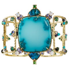 Nevada Turquoise, Black Opal, Tourmaline, Moonstone, Iolite Openwork Bracelet