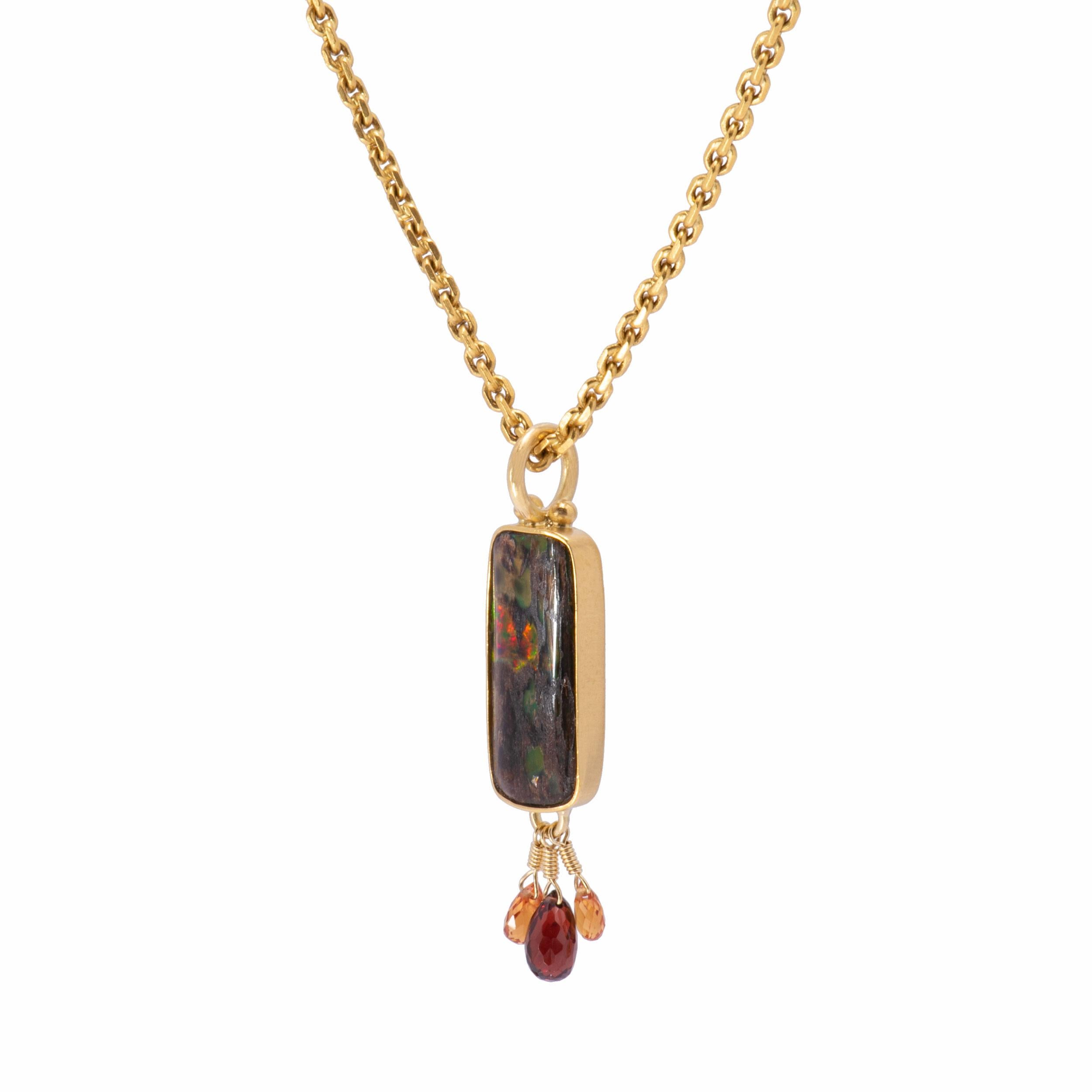 Contemporary Nevada Wood Opal Pendant with Garnet and Sapphire Briolettes in 22k and 18k Gold For Sale