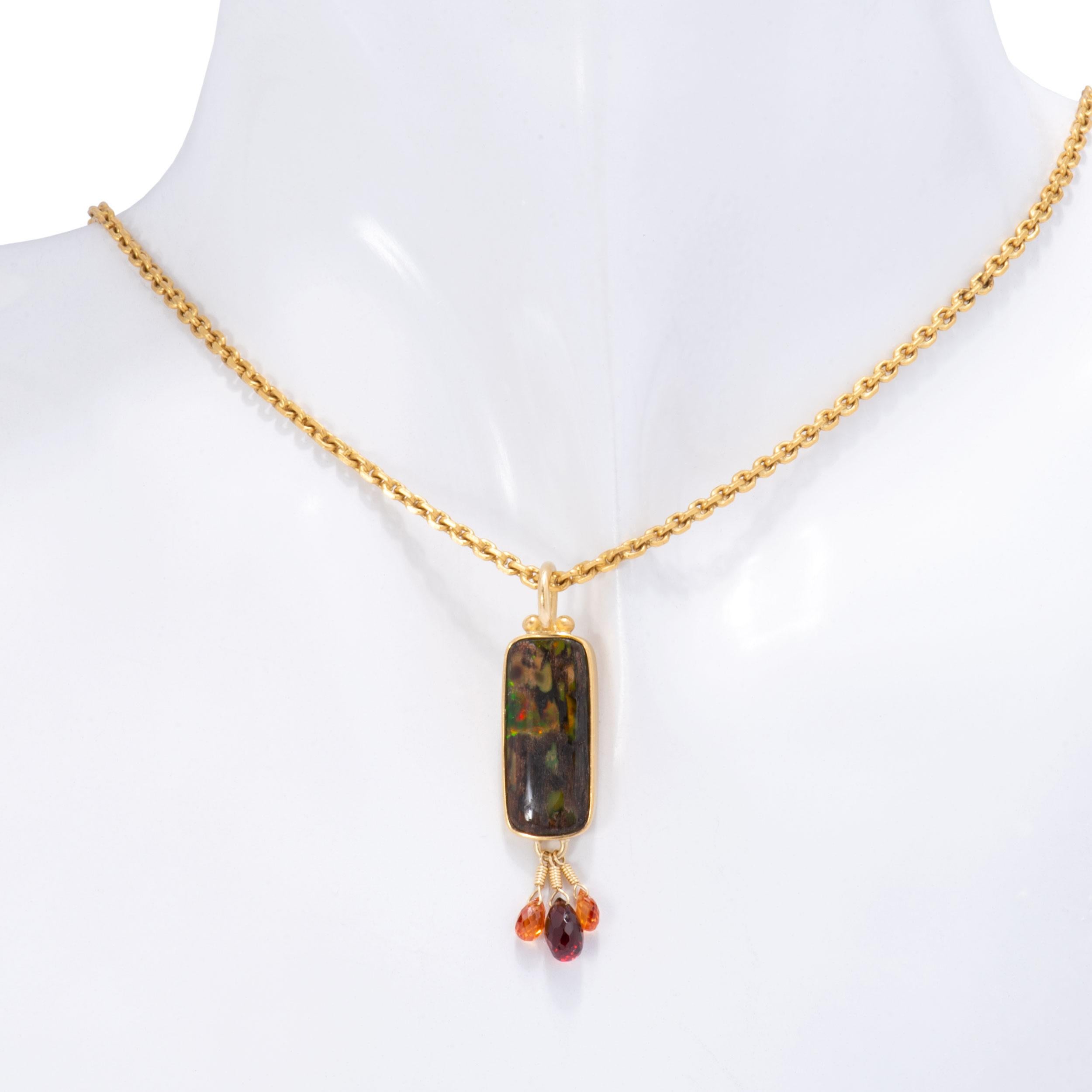 Nevada Wood Opal Pendant with Garnet and Sapphire Briolettes in 22k and 18k Gold In New Condition For Sale In Santa Fe, NM